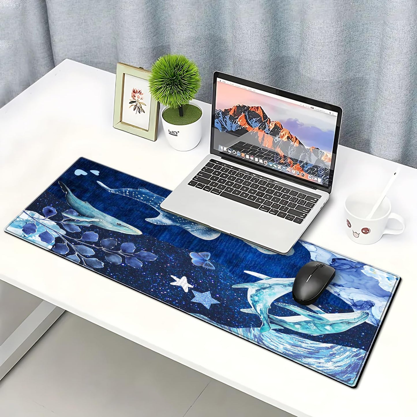 Whale Mouse Pad Large Desk Mat, 31.5x11.8 Inch Mousepad Extended Non-Slip Rubber Base Keyboard Mat