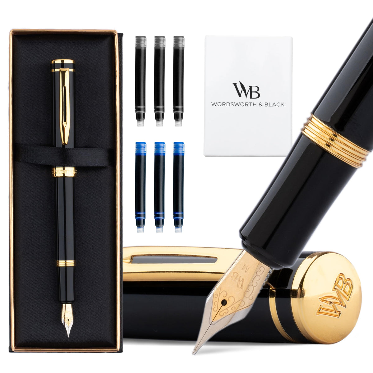 Wordsworth & Black Mini Pocket Fountain Pen for Writing, Medium Nib, Black