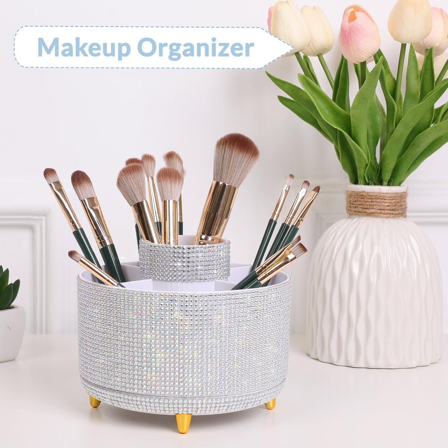 SKYDUE 360 Degree Rotating Desk Organizer, Shining Dual-Purpose Rhinestone Pencil Pen Holder