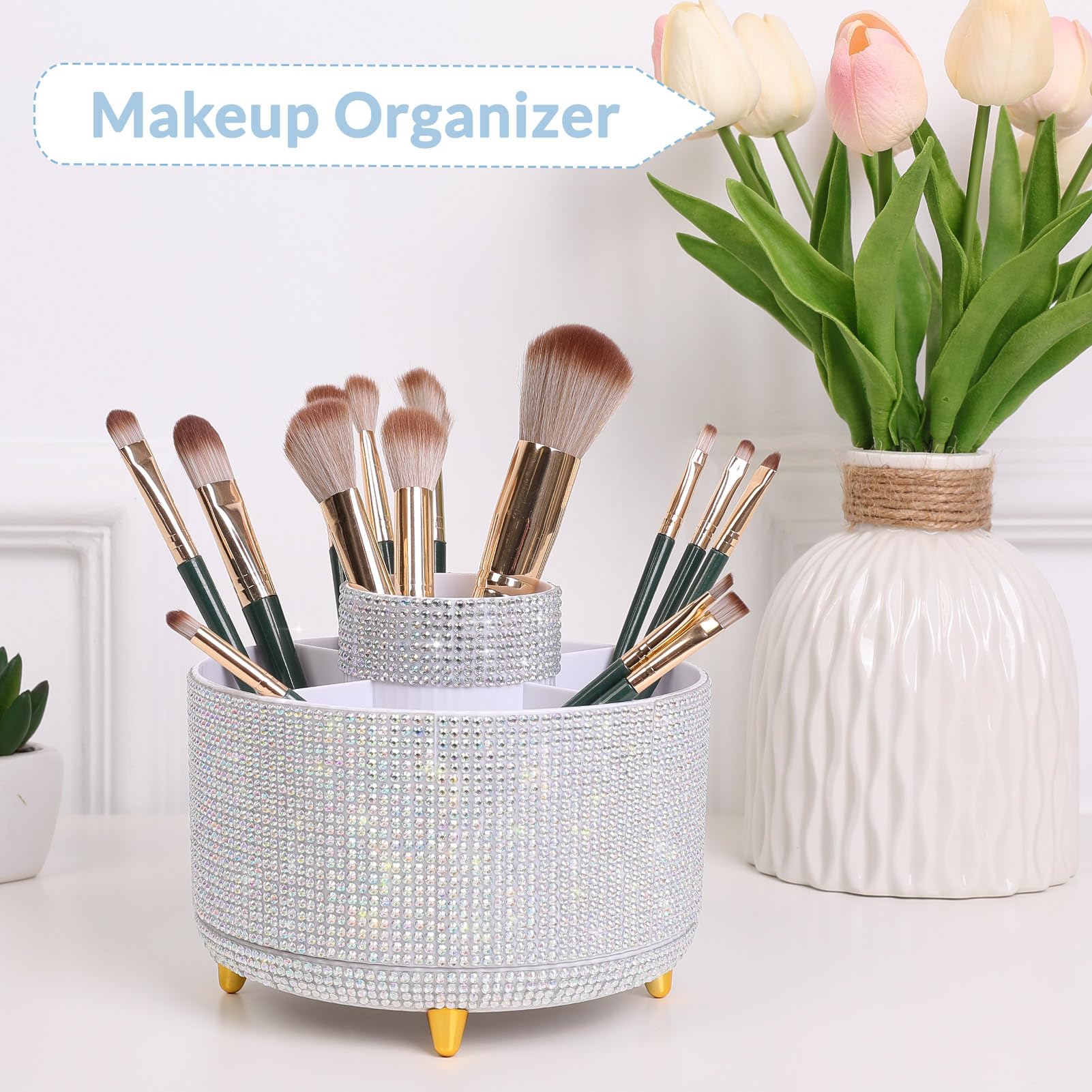 SKYDUE 360 Degree Rotating Desk Organizer, Shining Dual-Purpose Rhinestone Pencil Pen Holder
