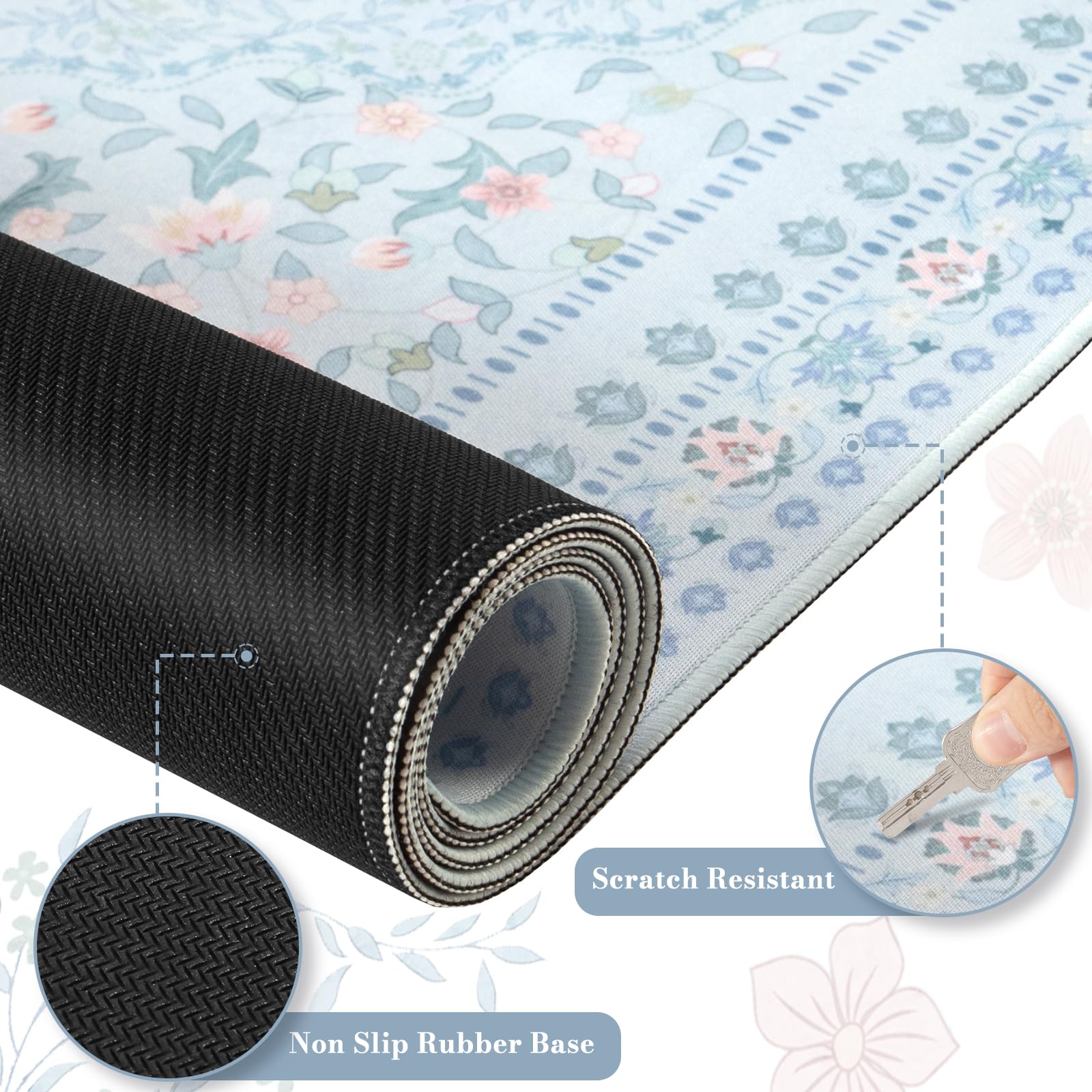 HAOCOO Floral Desk Mat, 35.4" x 15.7" Mouse Pad for Home Office School Blue