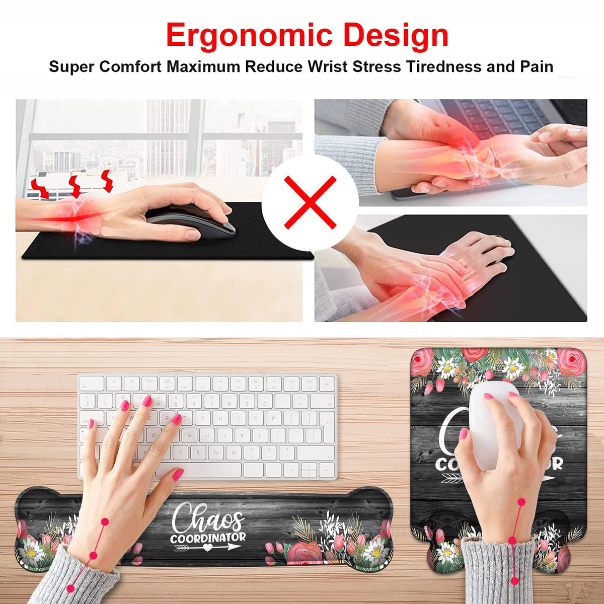 Keyboard Wrist Rest & Mouse Pad Wrist Support Set, Chaos Coordinator Quotes Colored Floral Wreath