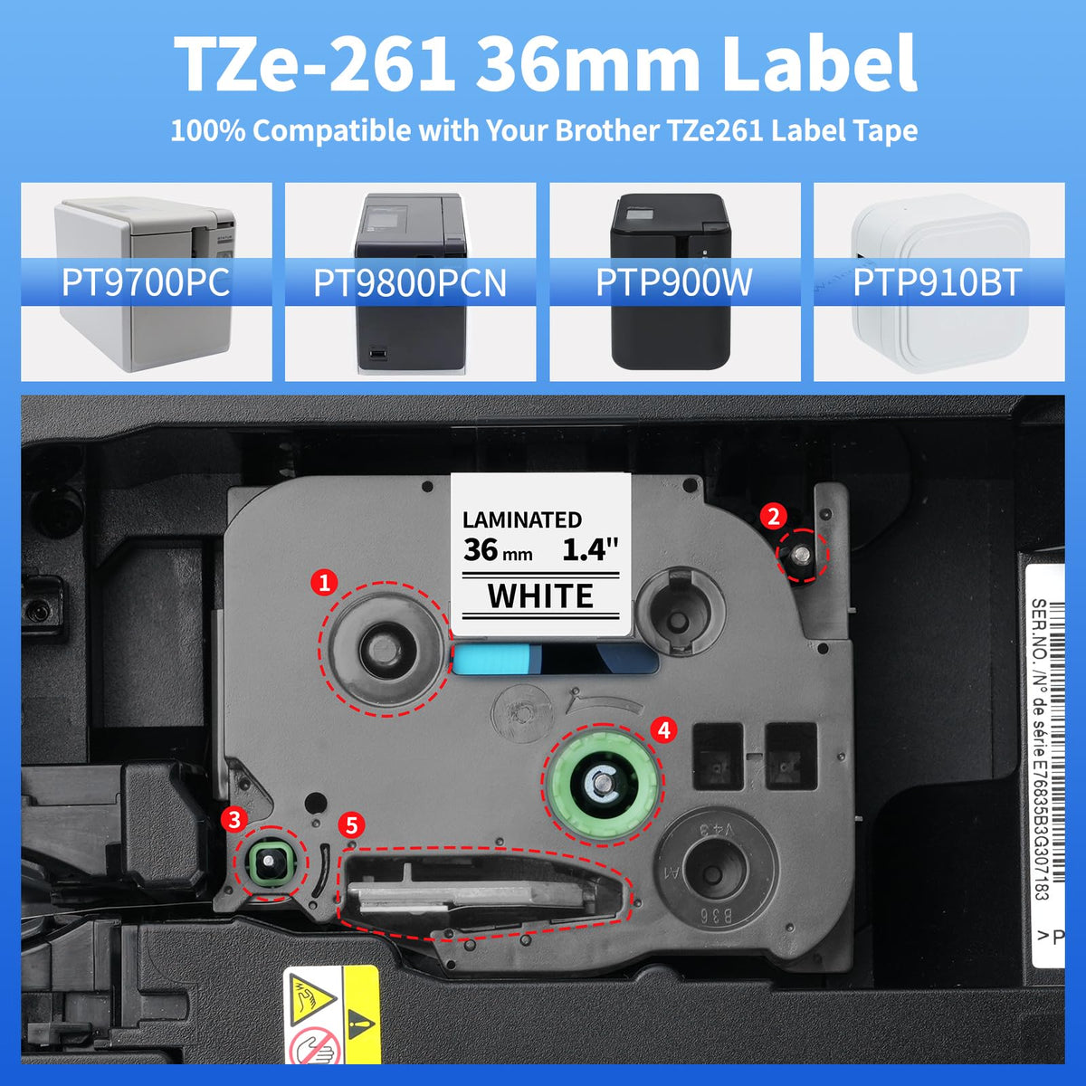 Replacement for Brother P Touch TZe-261 Tape 1.4 Inch Laminated White Tape