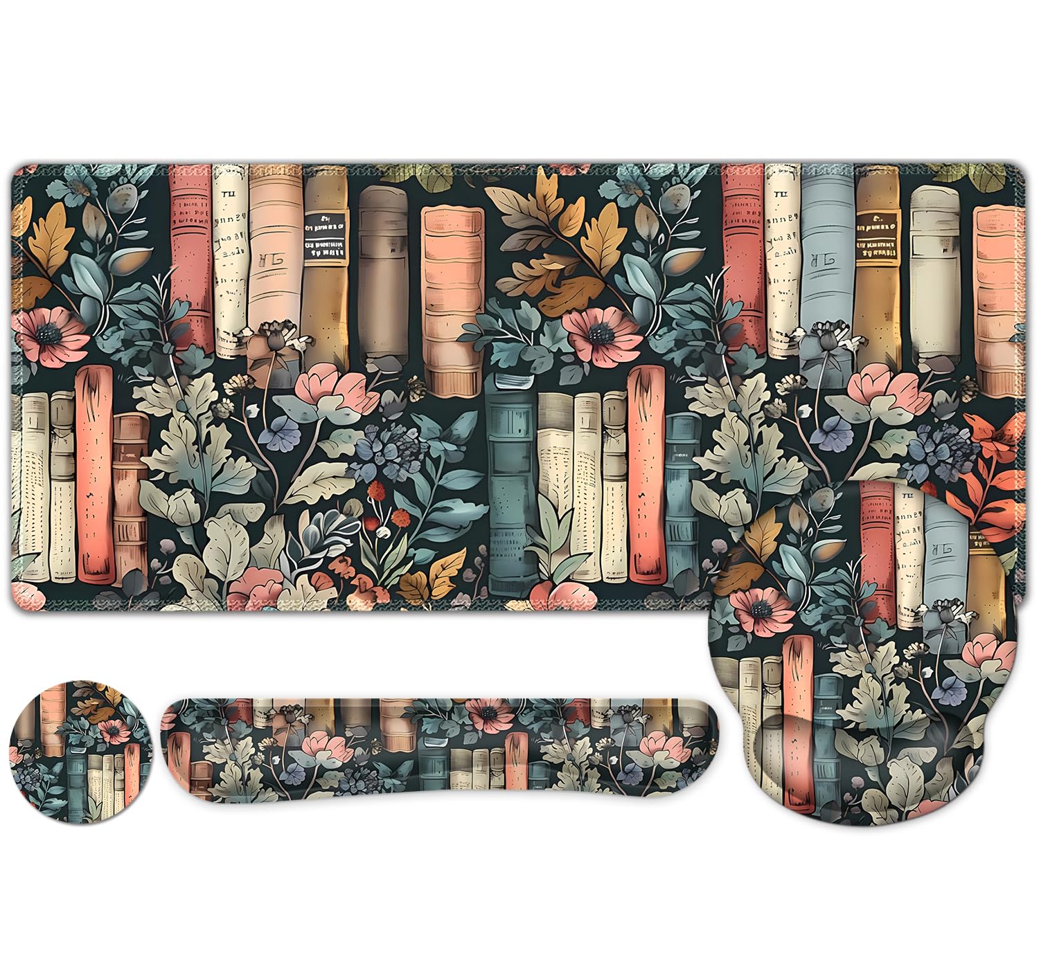 Nature Aesthetic Florals Books Mouse Pad, XXL Large Desk Mat Extended Reading Desk pad, 4PCS