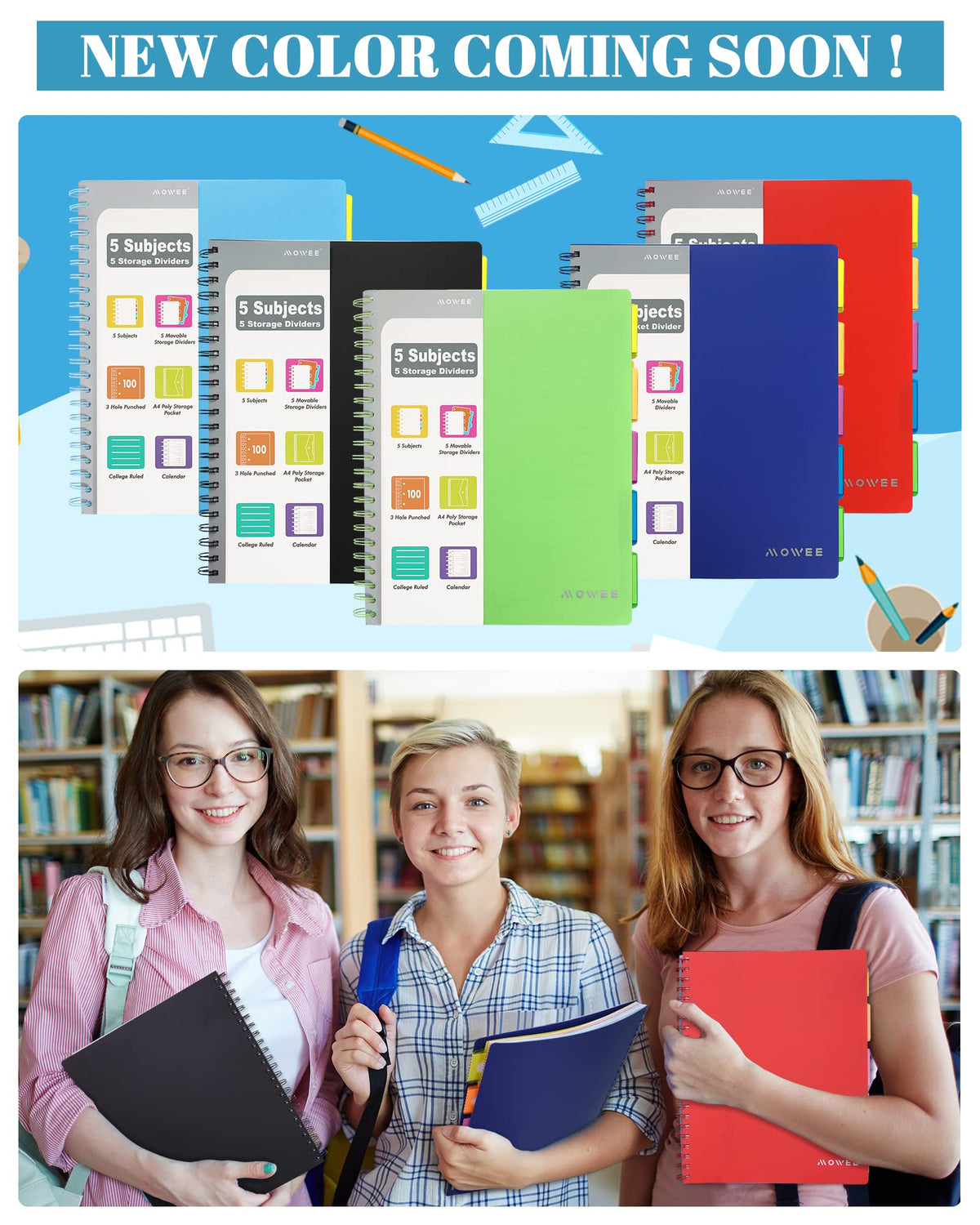 MOWEE Spiral Notebook - 5 Subject Notebook, College Ruled Notebook 3-Hole Punched With Dividers