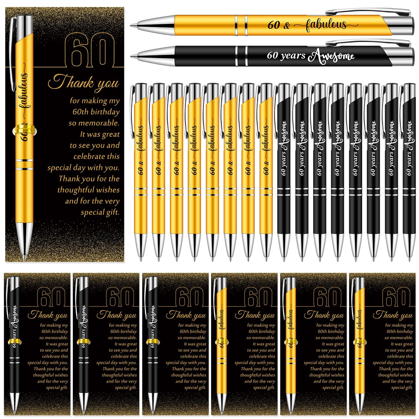 Feifeiya 50 Sets 60th Birthday Party Favors with Black Gold Pens Thank Card