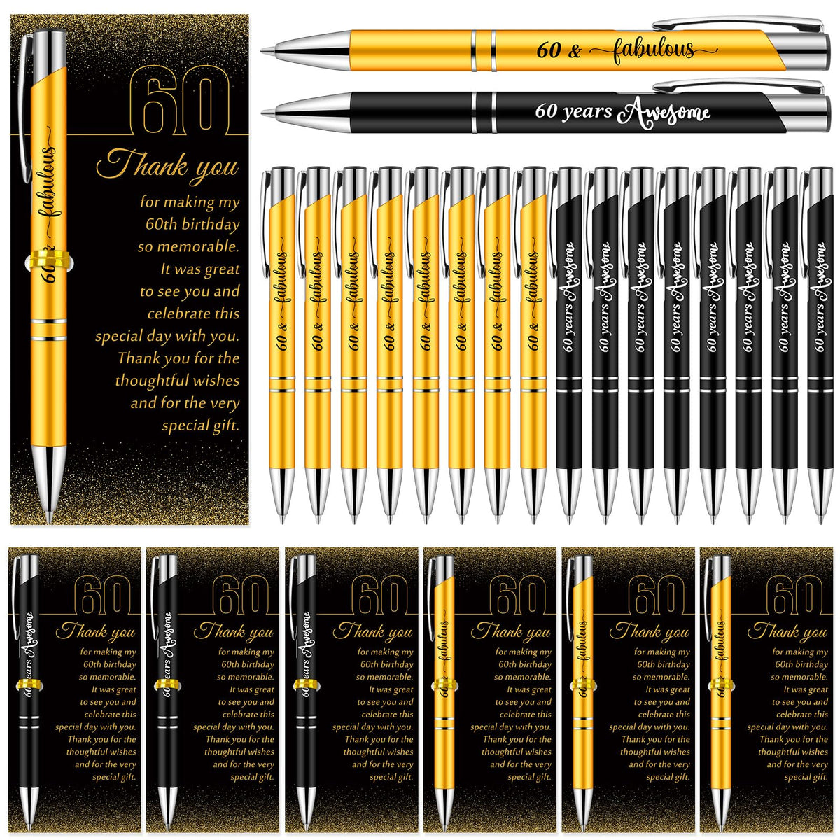 Feifeiya 50 Sets 60th Birthday Party Favors with Black Gold Pens Thank Card