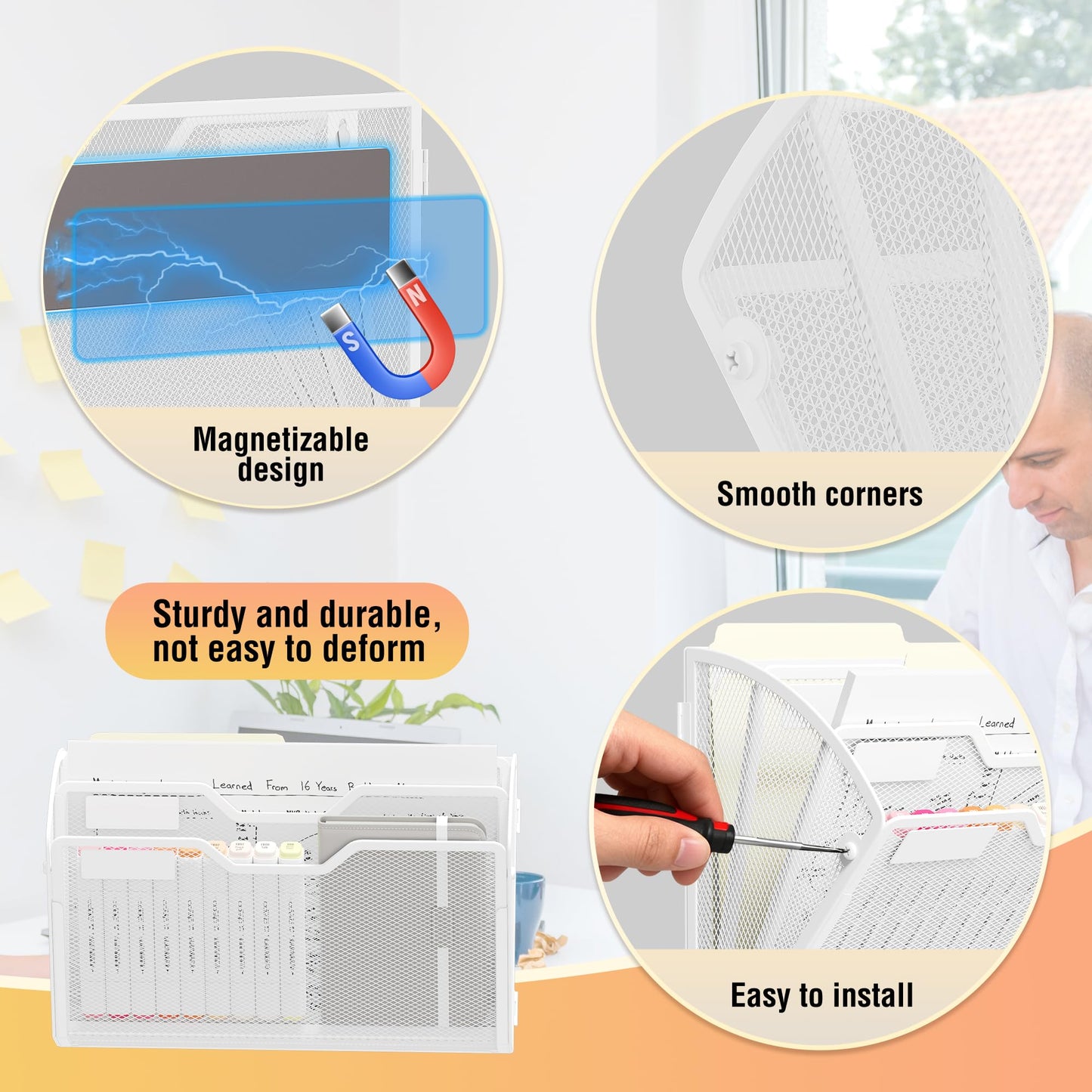 Docnest 3 Pack 3 Tier Dual-Mount Magnetic Mesh File Holders, Wall Organizer