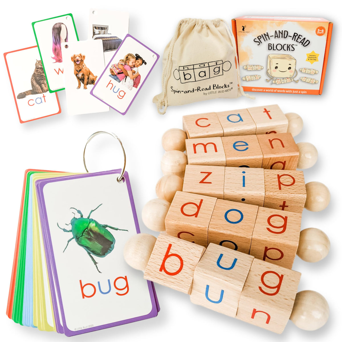 LITTLE BUD KIDS Spin-and-Read Montessori Phonetic Reading Blocks with CVC Phonics Flashcards for