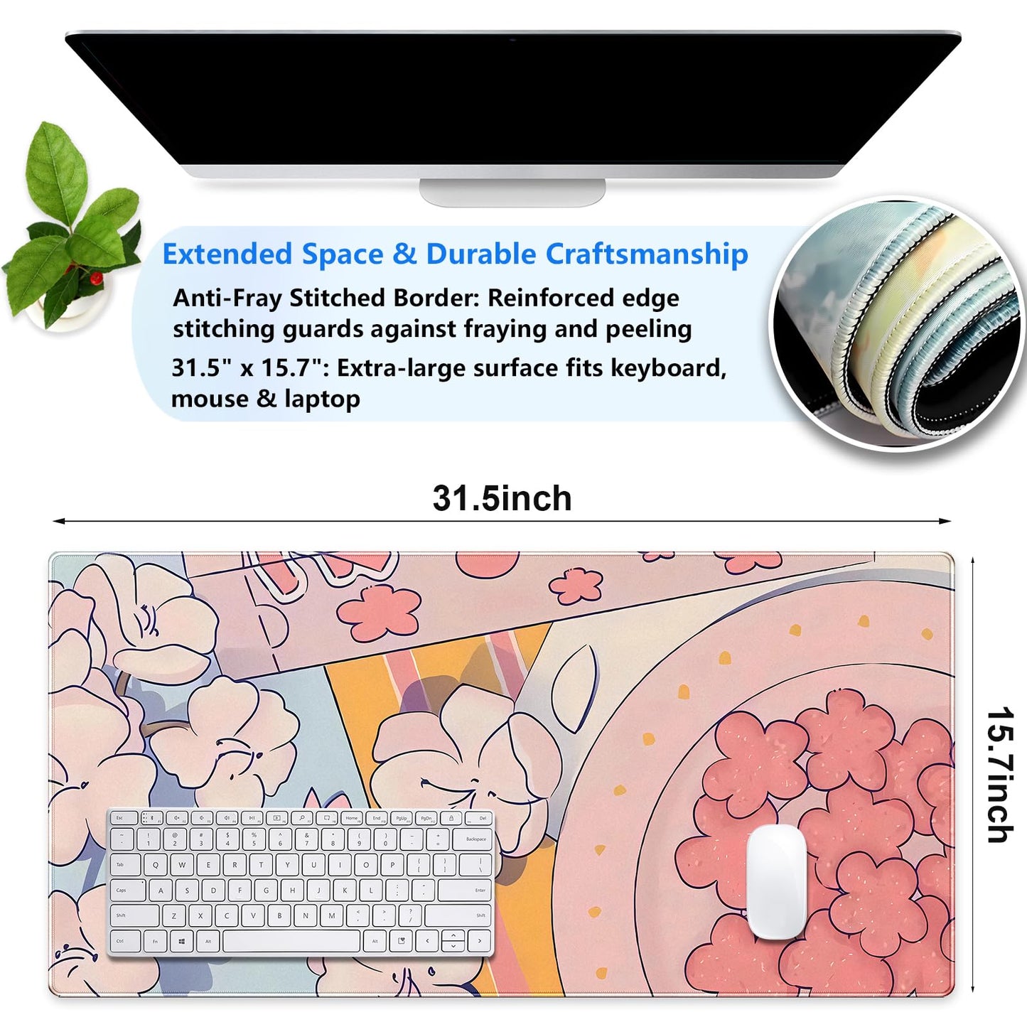 Pink Sakura Desk Mat, Kawaii Floral XXL Large Gaming Mouse Pad