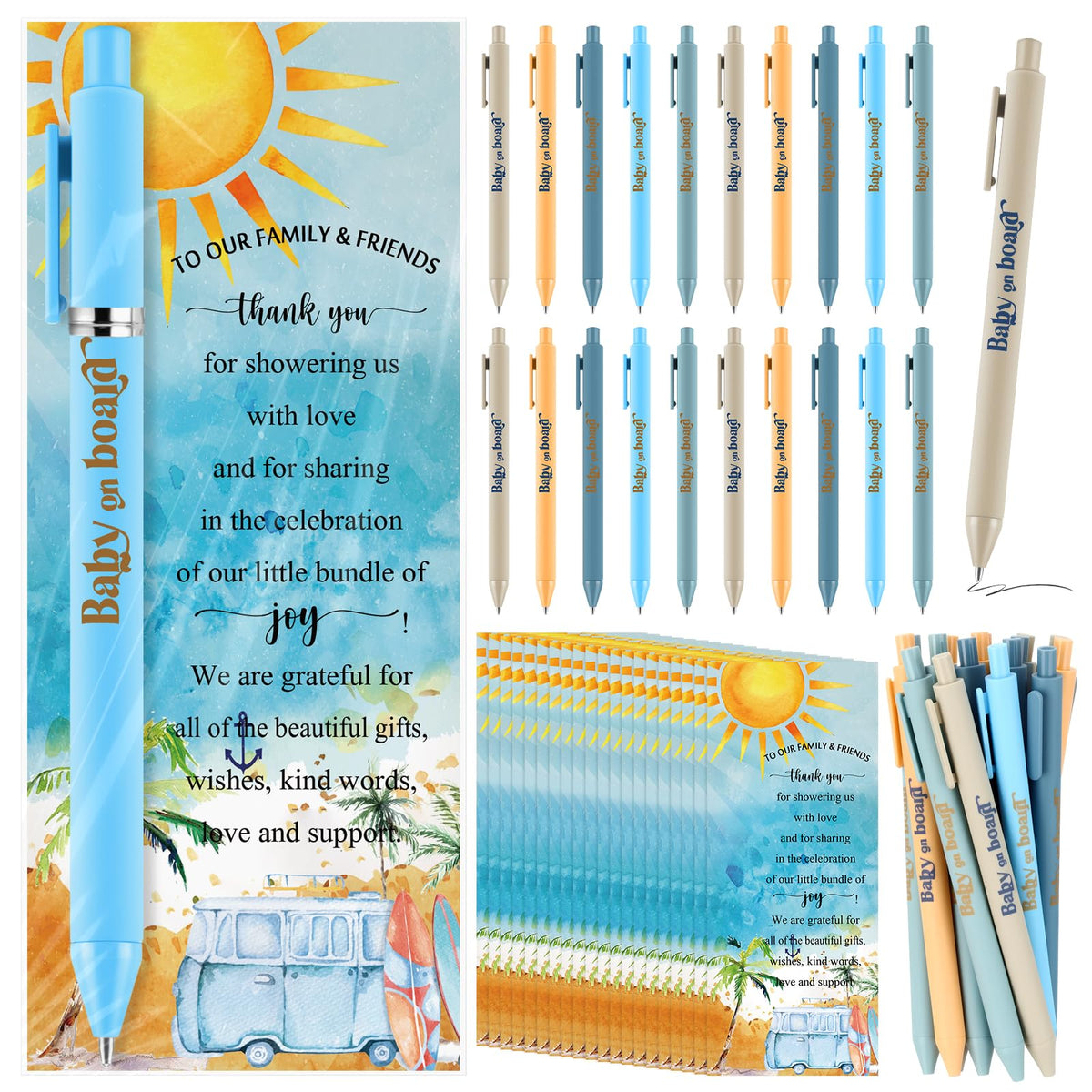 Engrowtic 50 Set Baby on Board Baby Shower Gifts Pens for Guests Funny Summer Beach Surfboard Party