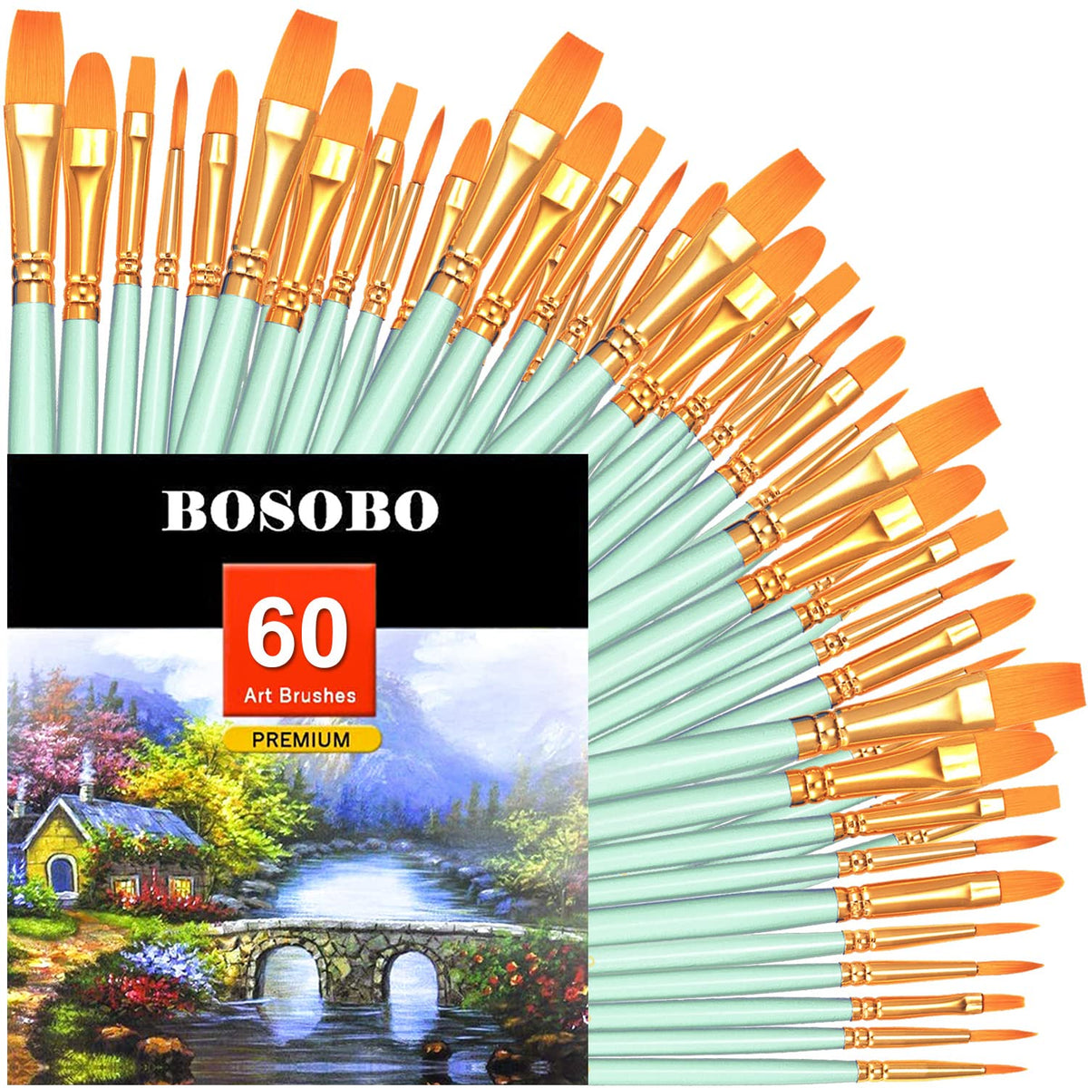 BOSOBO Paint Brushes Set, 6 Pack 60 Pcs Round Pointed Tip Paintbrushes Nylon Hair Artist Acrylic