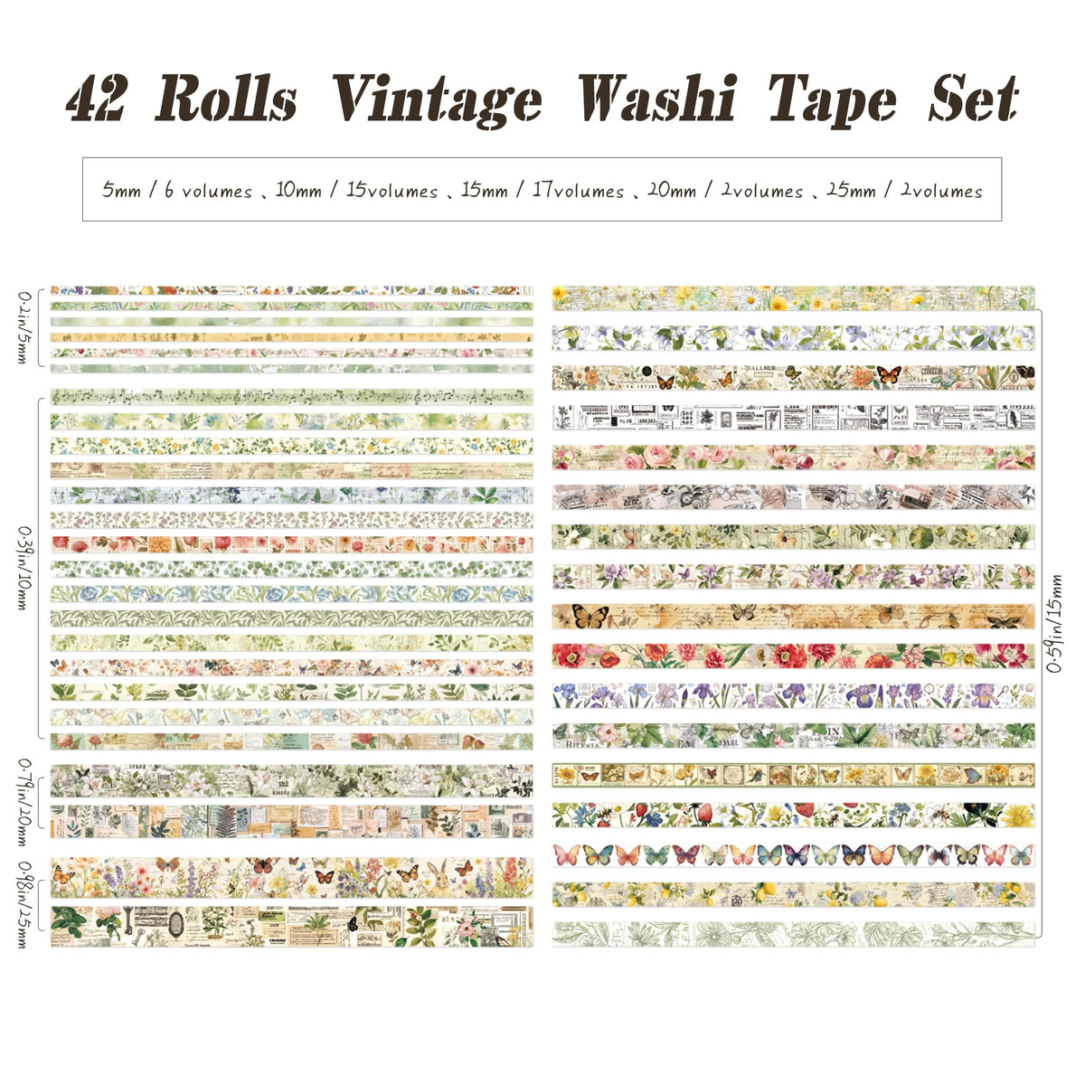 42 Rolls Vintage Washi Tape Set, Delicate Butterfly & Lush Floral Botanical Themed Writable