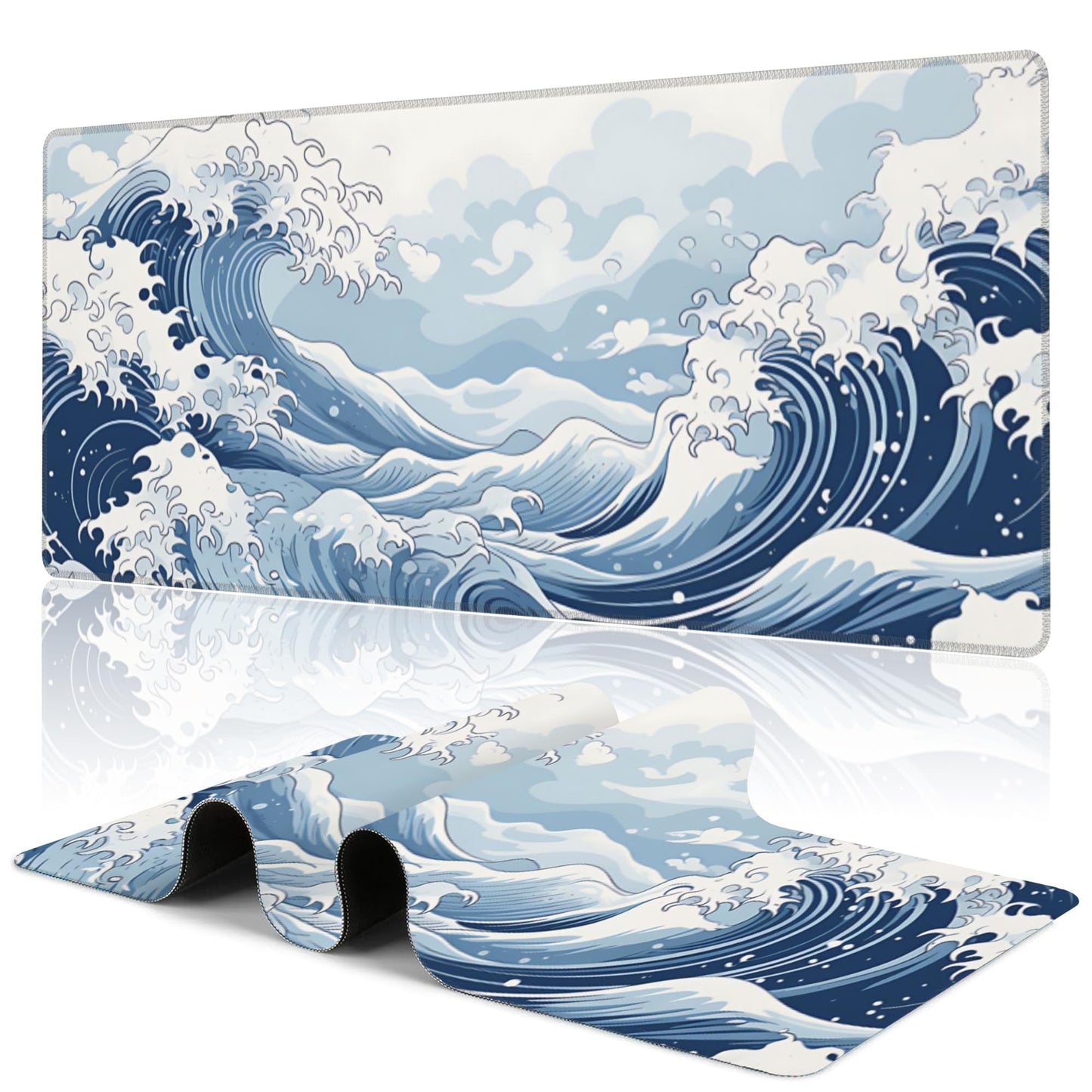 Uiaoiais Mountain Gaming Mouse Pad,Japanese Blue and White Sea Wave Desk Mat,31.5""X15.7"" Large