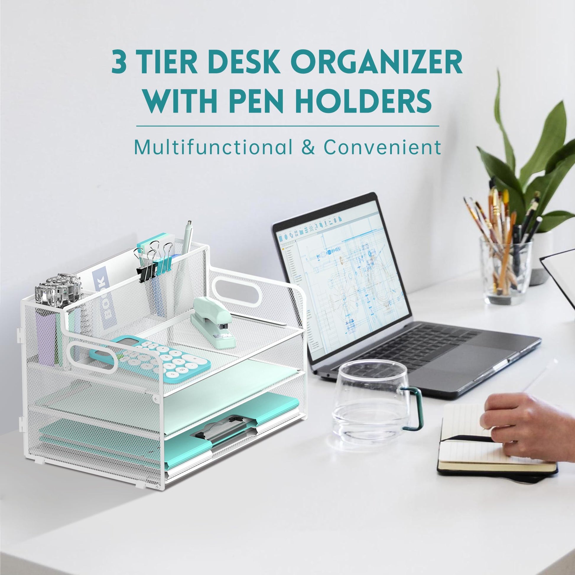3-Tier Desk Organizer with Pen Holder and Handles, Paper Organizer, White