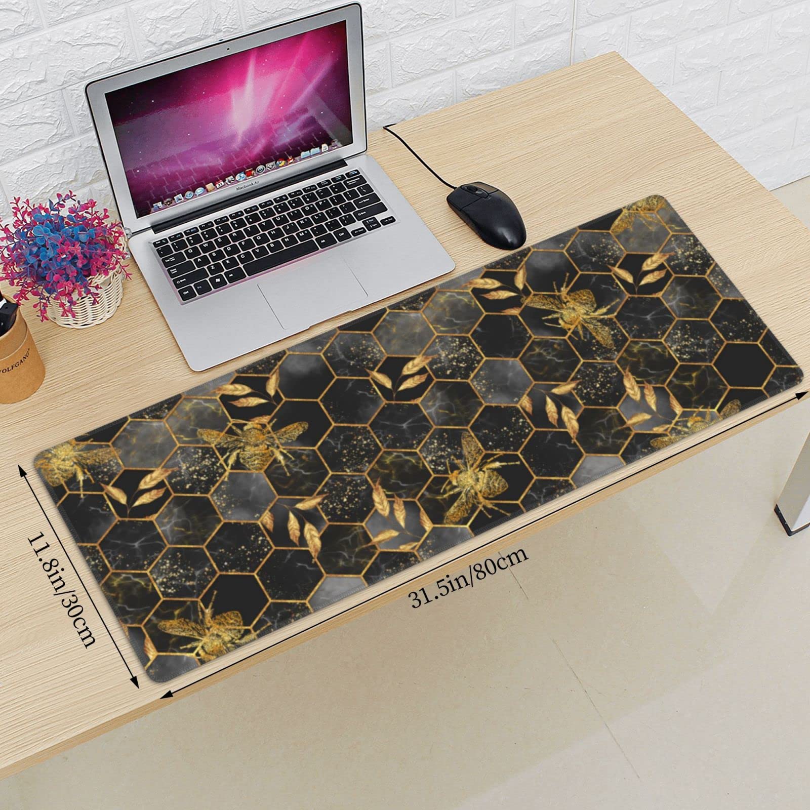 Honeycomb Gold Bee Leaf Hexagon XXL XL Large Gaming Mouse Pad for Desk, Non-Slip Long Extended