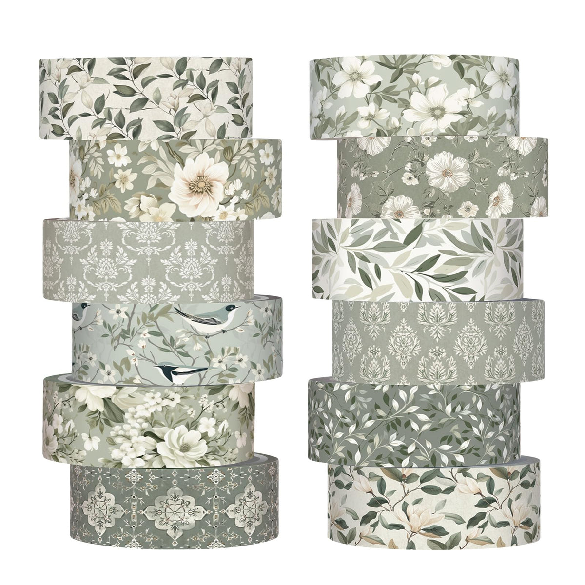 YooNotee 12 Rolls Floral Washi Tape Set,Sage Green,Greenery