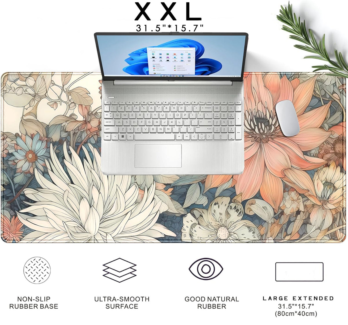 Nasdalgias Japanese Floral Desk Mat Boho Aesthetic Flower Desk Matt for Desktop Large XXL Gaming