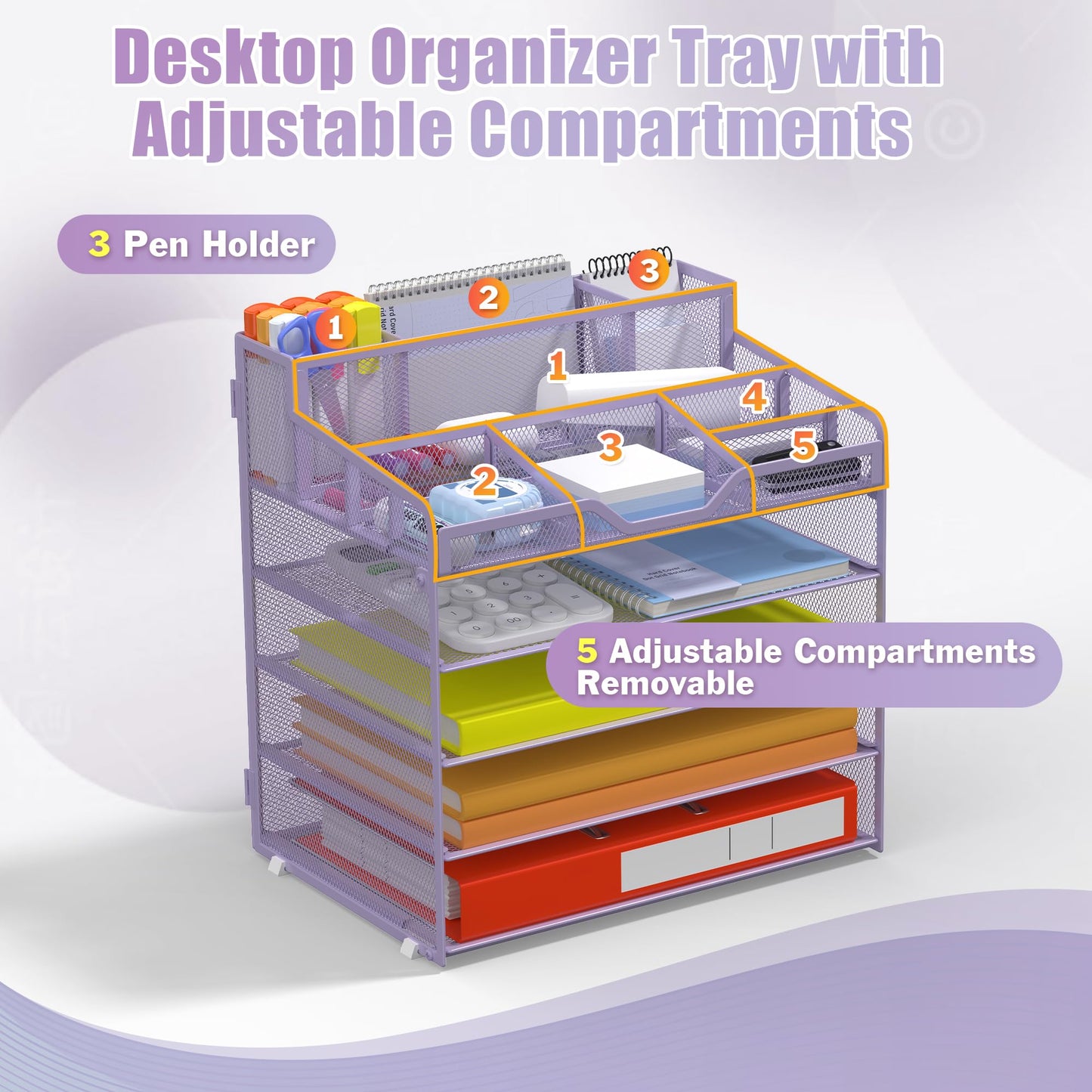 Docnest 5 Tier Mesh Desk Organizer with Letter Tray & Paper Sorter, Purple