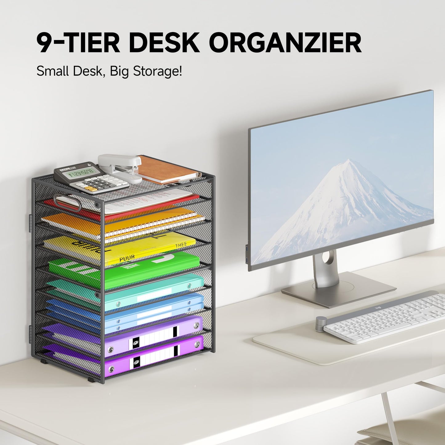 Cawukege 9 Tier Paper Organizer with Handle, Large Capacity Desk Organizer Mesh File Folder Letter
