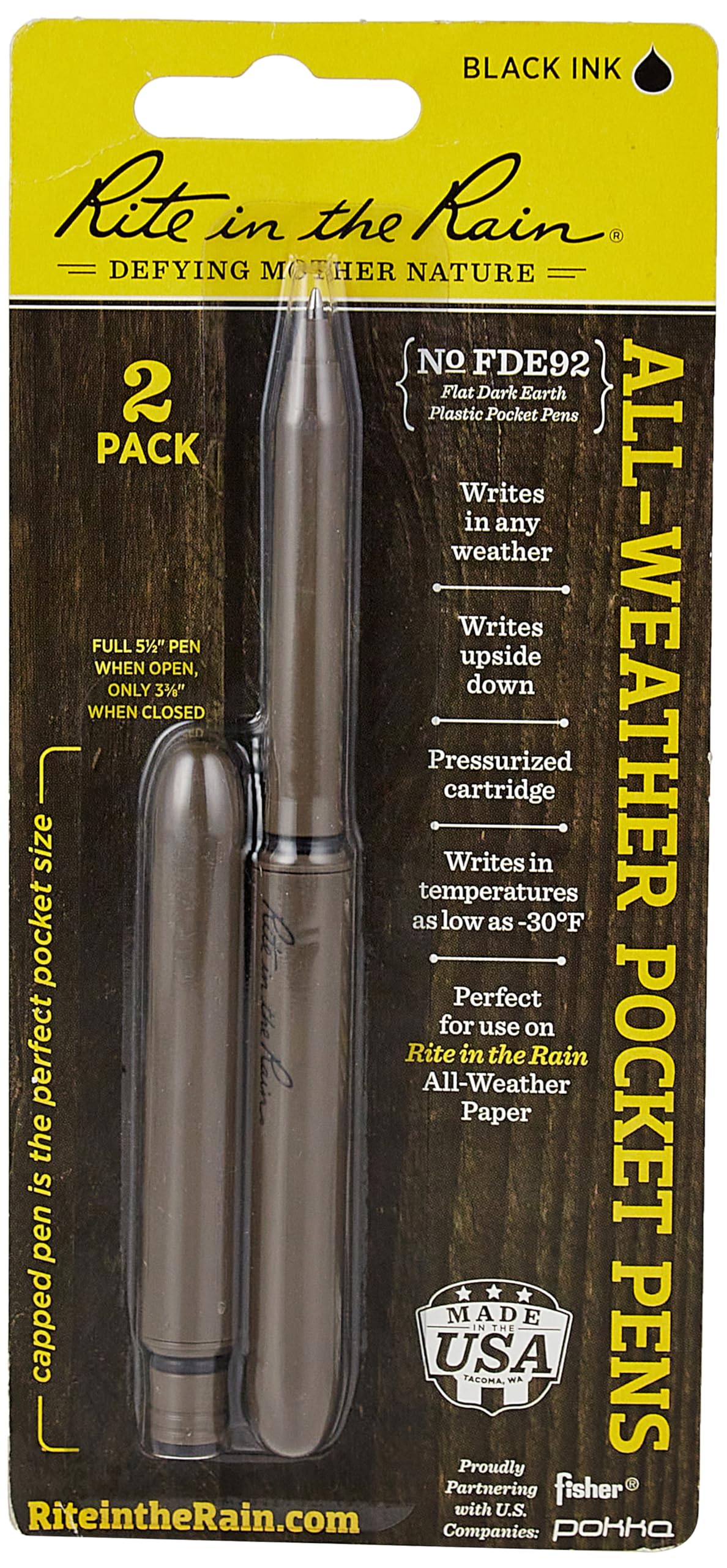 Rite in the Rain All-Weather EDC Pen, Flat Dark Earth Pokka 2-Pack, Black 0.8mm Ink, Fine Point