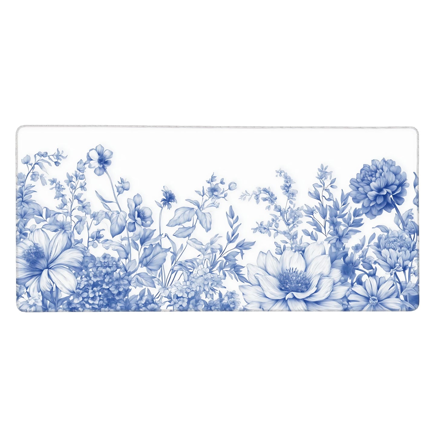 Floral Aesthetic Lotus Gaming Mouse Pad, White Blue Chinoiserie Desk Mat with Anti-Slip Base &