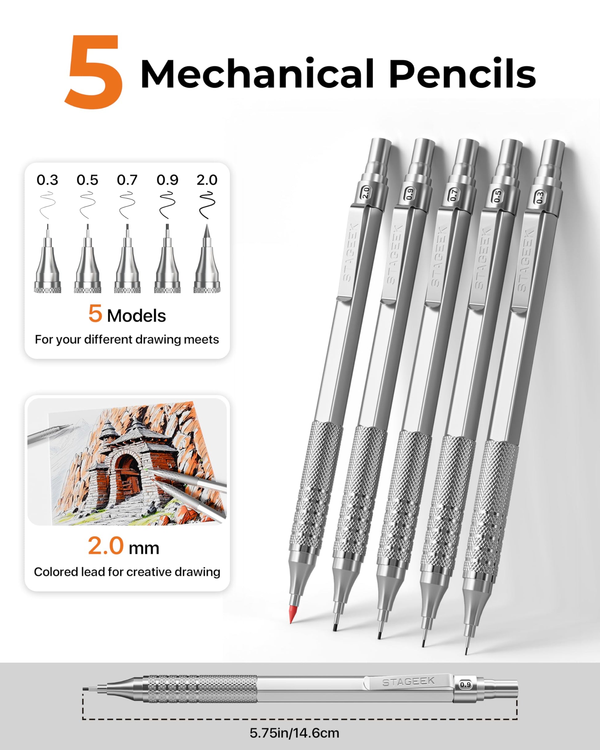 STAGEEK 20Pcs Silver Metal Mechanical Pencil Set with Leather Case