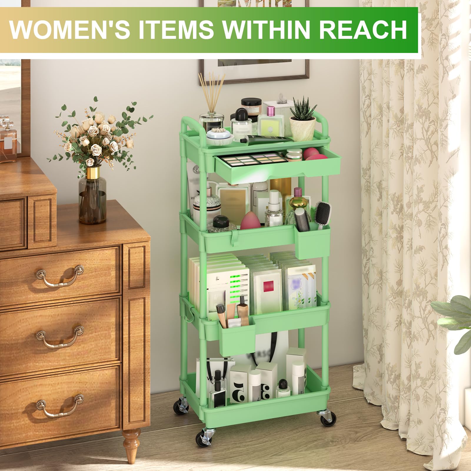Goovilla 4 Tier Rolling Utility Cart Organizer with Removable Drawer, Green