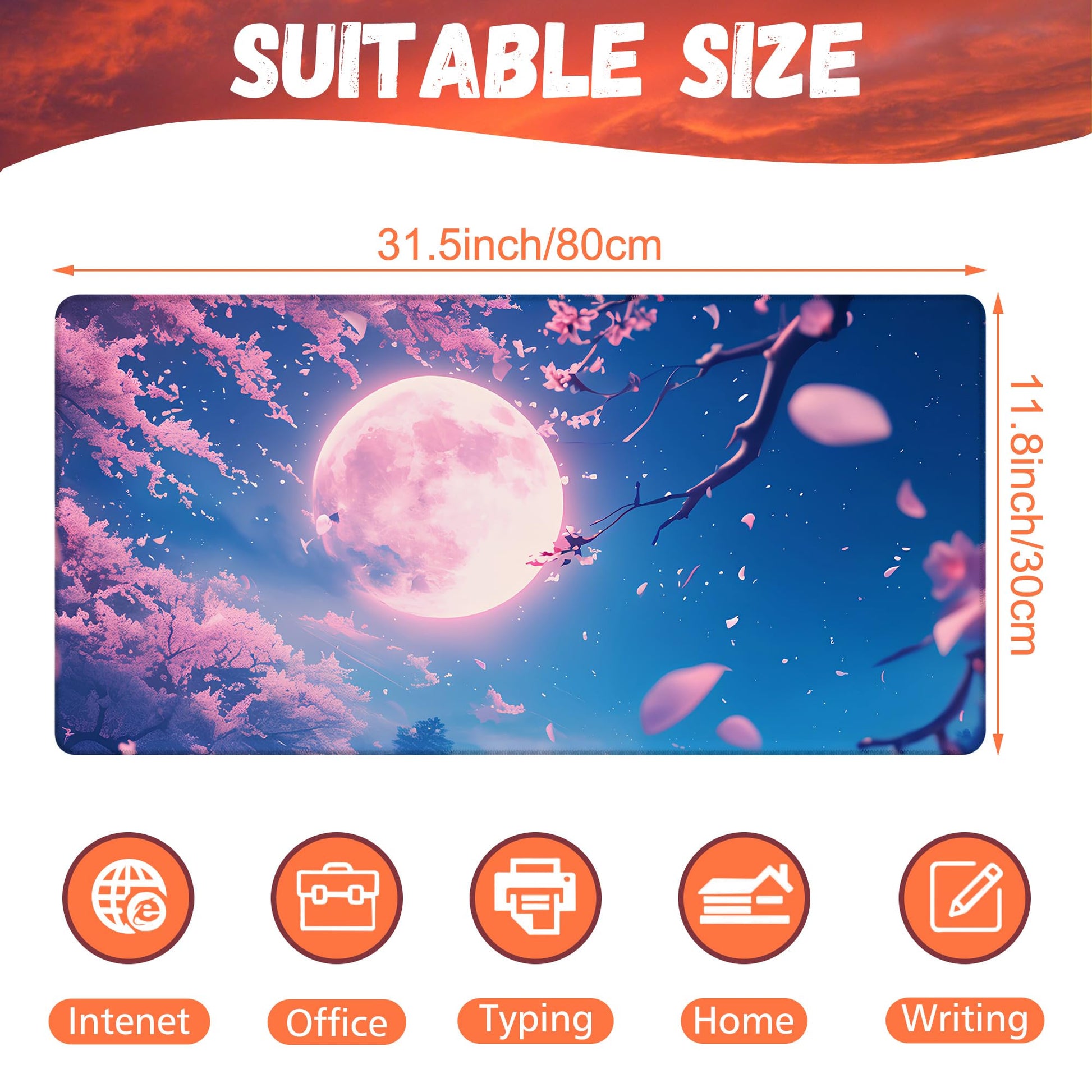 KOAIWPAE Large Gaming Mouse Pad for Desk, Falling Cherry Blossoms Desk Mat, Bright Full Moon Desk