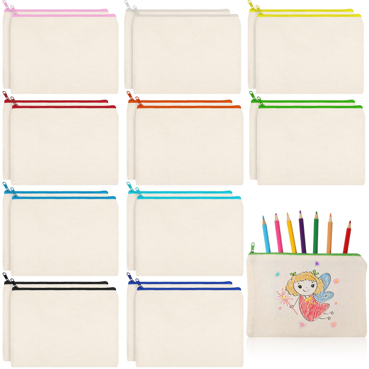 Shappy 20 Pcs Canvas Zipper Pouch Bags Pencil Pouch Bulk Canvas Makeup Bags Blank Pencil Case