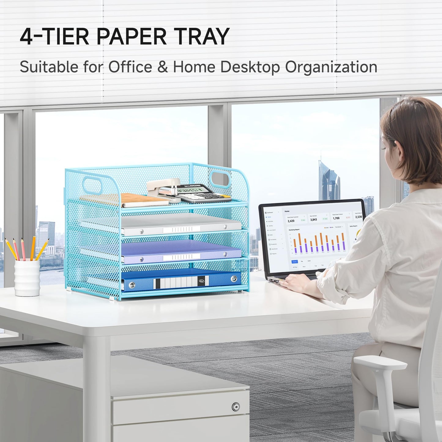 Lavatino 4-Tier Paper Organizer Trays - Blue Mesh File Folder Sorter with Handles, Desk Letter