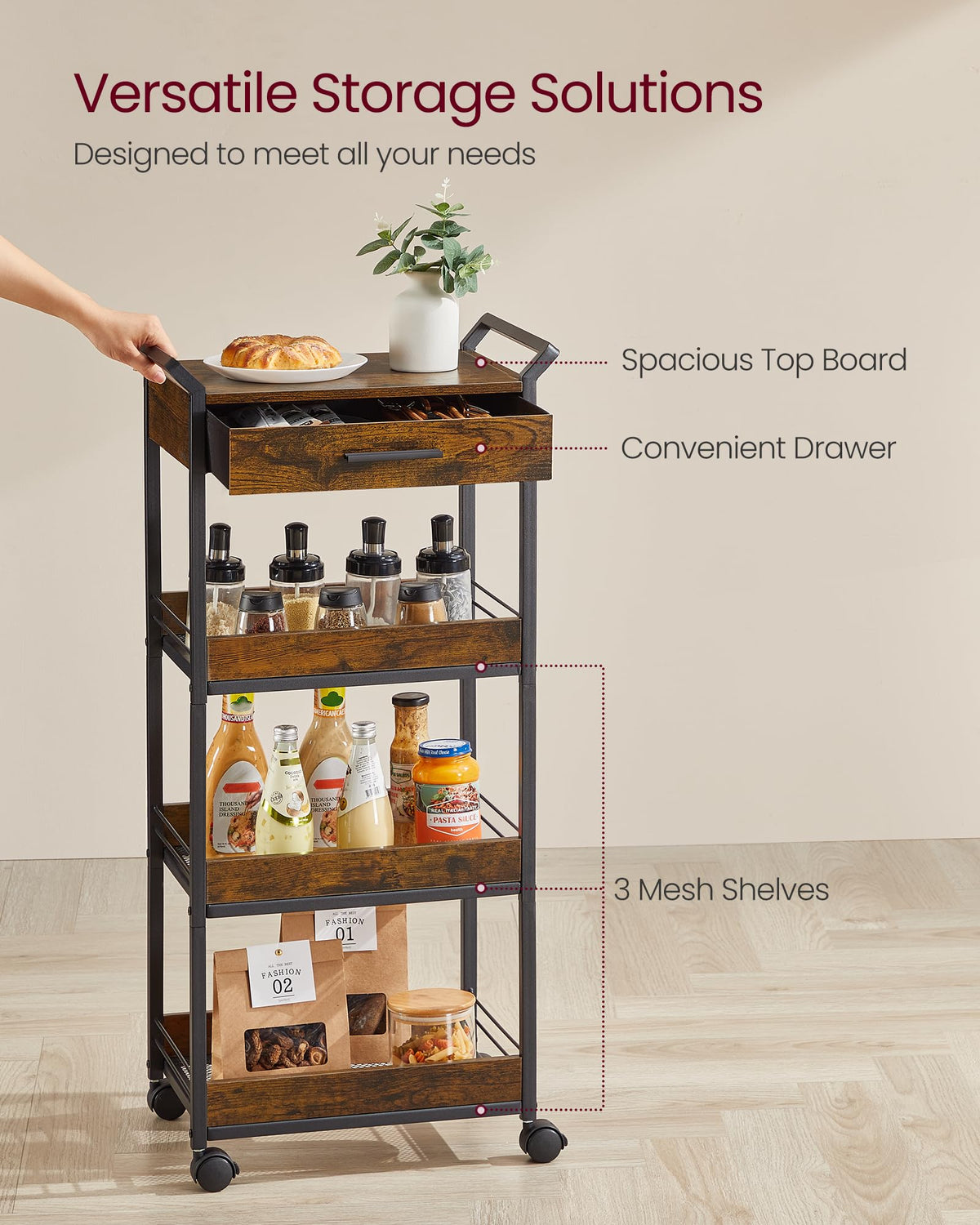 VASAGLE Storage Cart, 4-Tier Rolling Utility Cart with Table Top