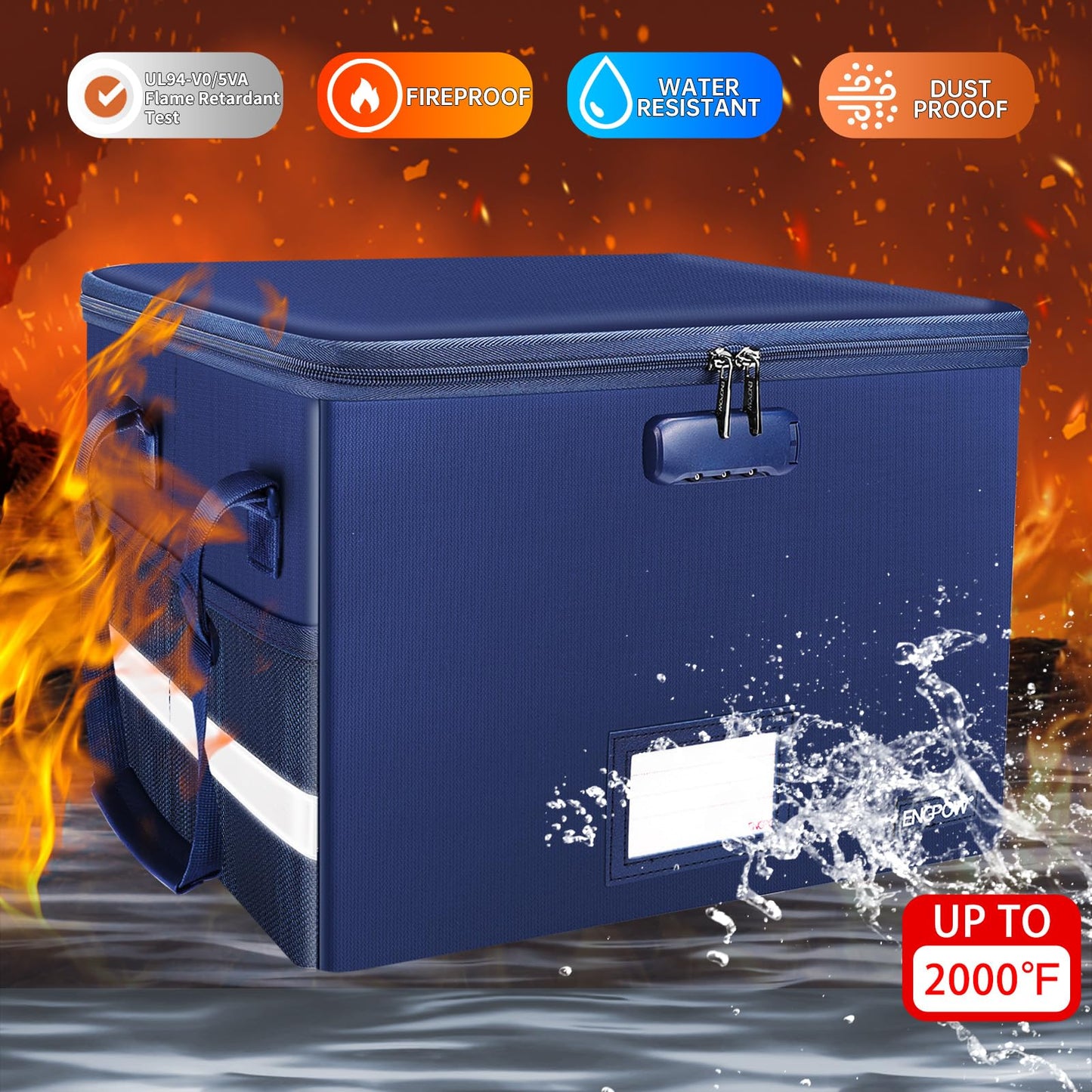 ENGPOW File Box with Lock, Fireproof Document Box with Pockets, Collapsible File Organizer Filing