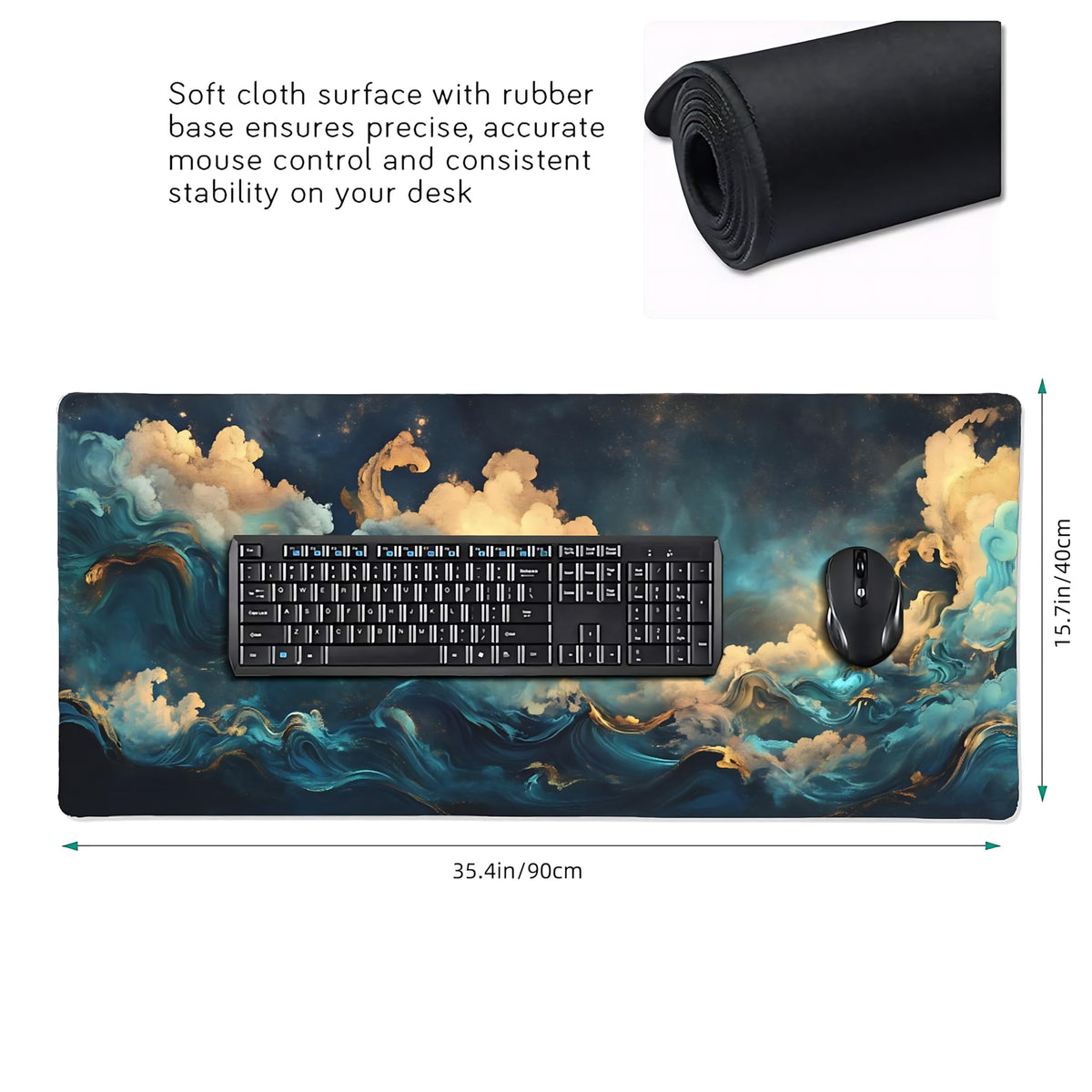 Aesthetic Cloud Gaming Mouse Pad, Deep Teal Ukiyo-e Desk Mat with Anti-Slip Base & Stitched