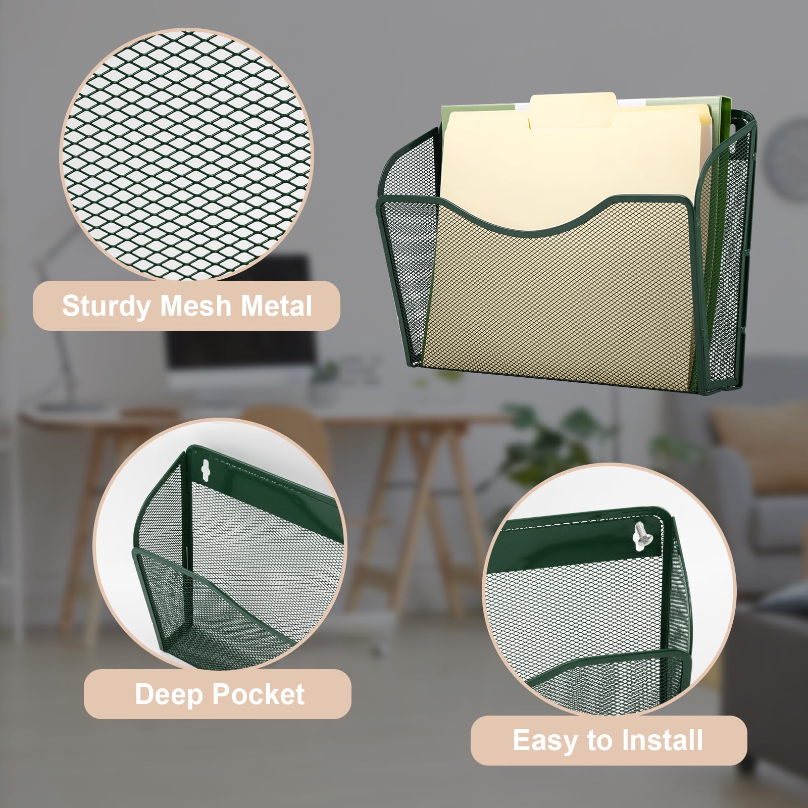 EASEPRES 3 Single Pocket Mesh Hanging File Organizer, Vertical Wall Mounted Magazine File Holder