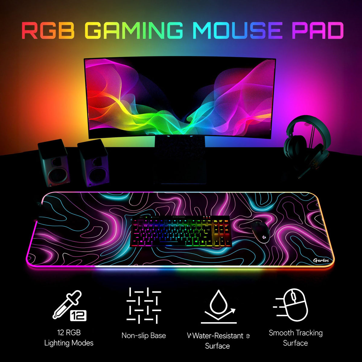 Gerlos RGB Gaming Mouse Pad, Large LED Desk Mat for Gamer, 31.5" x 11.8"