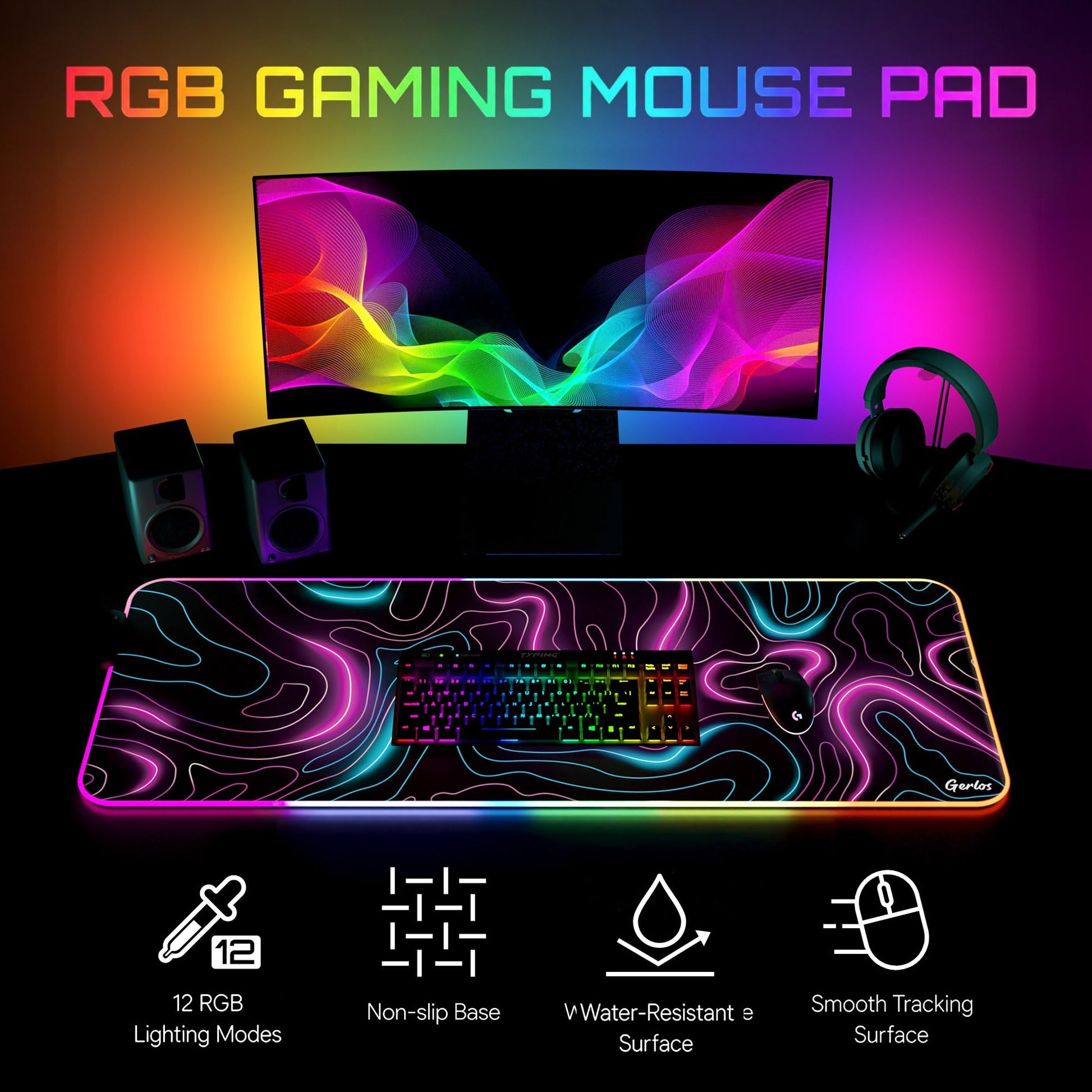 Gerlos RGB Gaming Mouse Pad, Large LED Desk Mat for Gamer, 31.5" x 11.8"