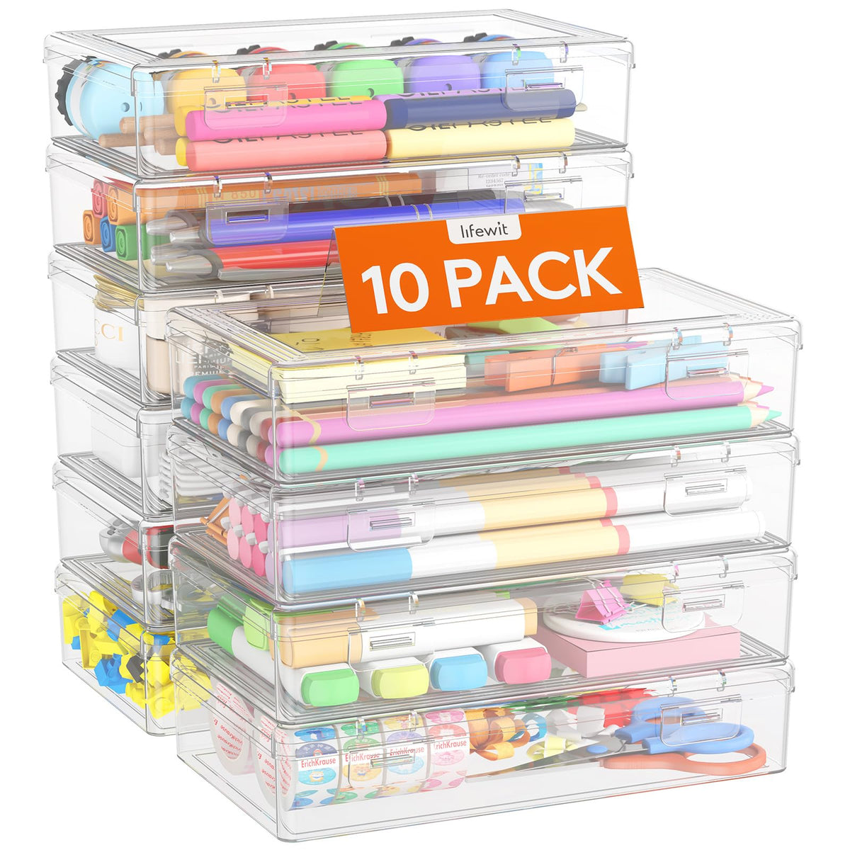 Lifewit Plastic Pencil Box with Snap-tight Lid, 10 Pack