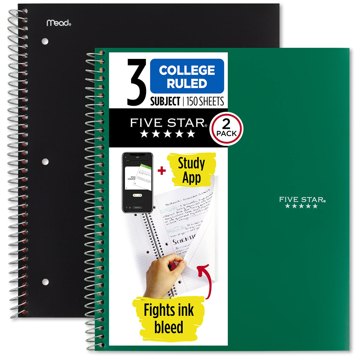 Five Star Spiral Notebook + Study App, 2 Pack, 3 Subject, College Ruled Paper, 8-1/2" x 11", 150
