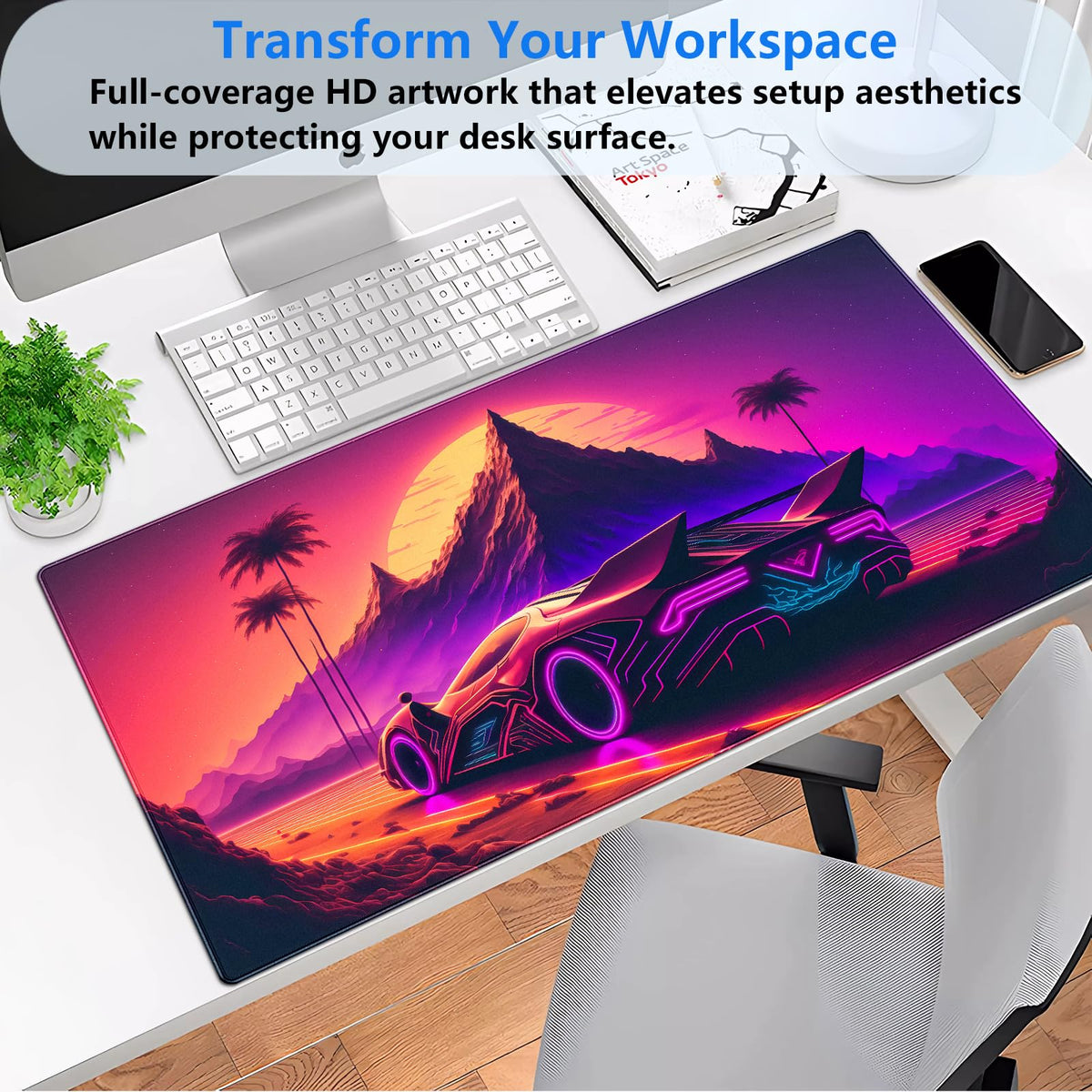 Synthwave Desk Mat, Retro Car XXL Large Gaming Mouse Pad 31.5x15.7 in