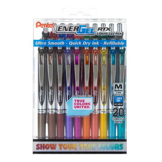 Pentel EnerGel RTX True Colors United 0.7mm Medium Line, 20 Assorted ink Colors, Pack of 20 pens
