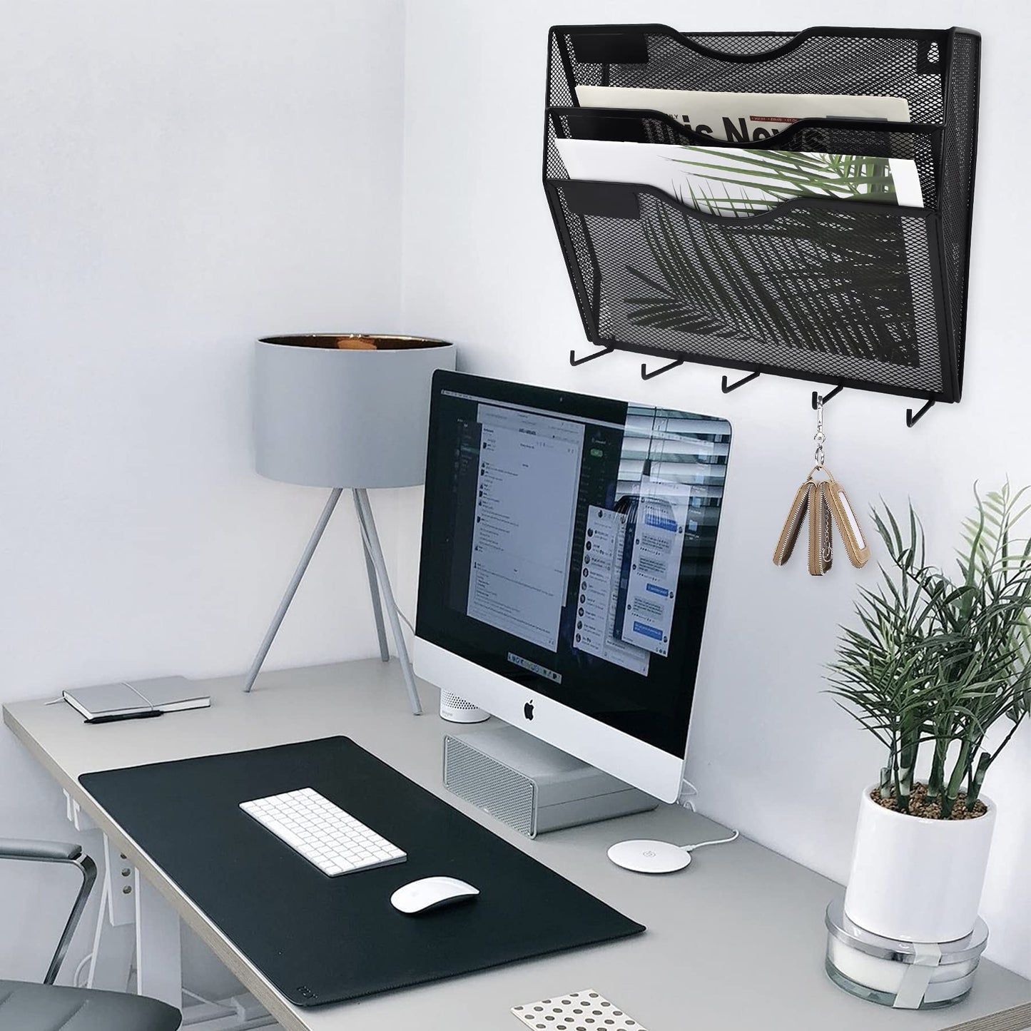 EASEPRES 3 Pocket Mesh Hanging File Organizer with Key Holder Hooks & Nametag Label, Wall Mounted