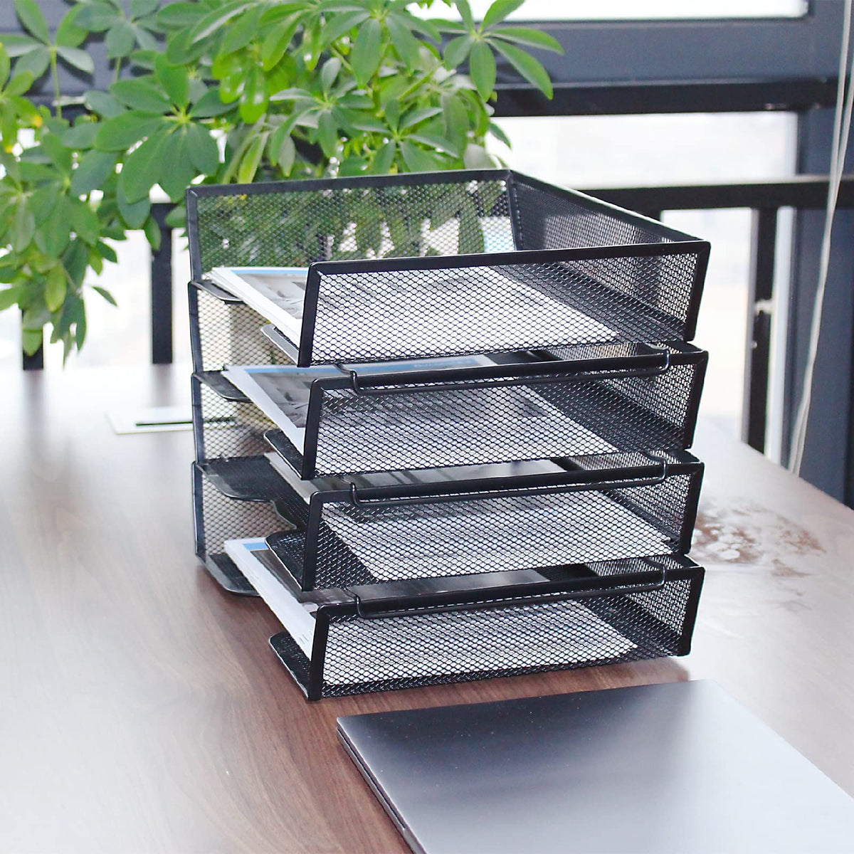 SETTFRFE 4 Tier Metal Letter Tray Desk Organizer-Stackable Paper Tray,Black