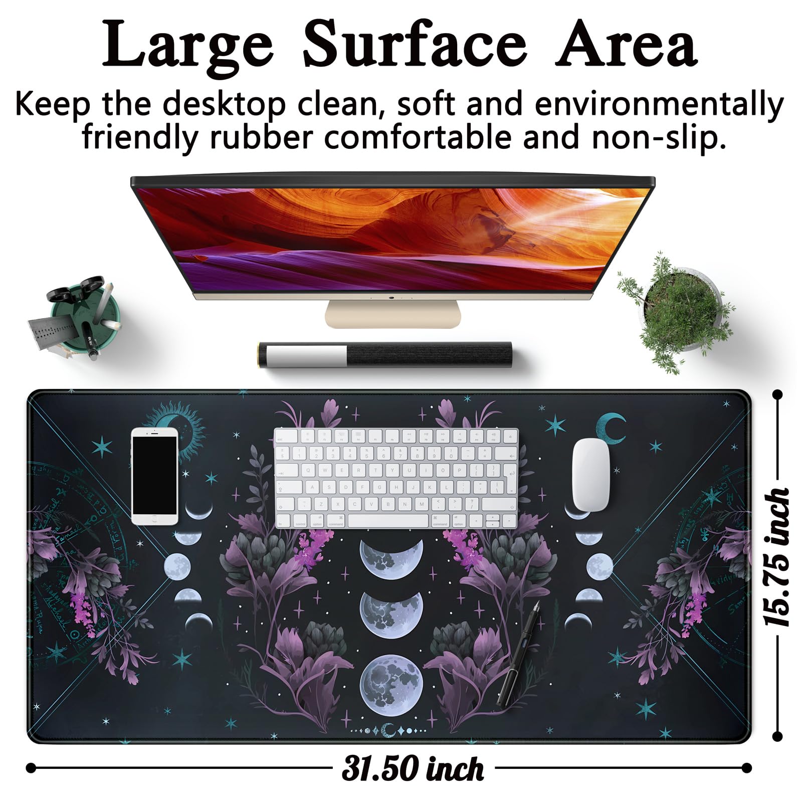 Celestial Moon Phases Mouse Pad Large Purple Desk Mat Forest Extended Gaming Mousepad Violet Teal