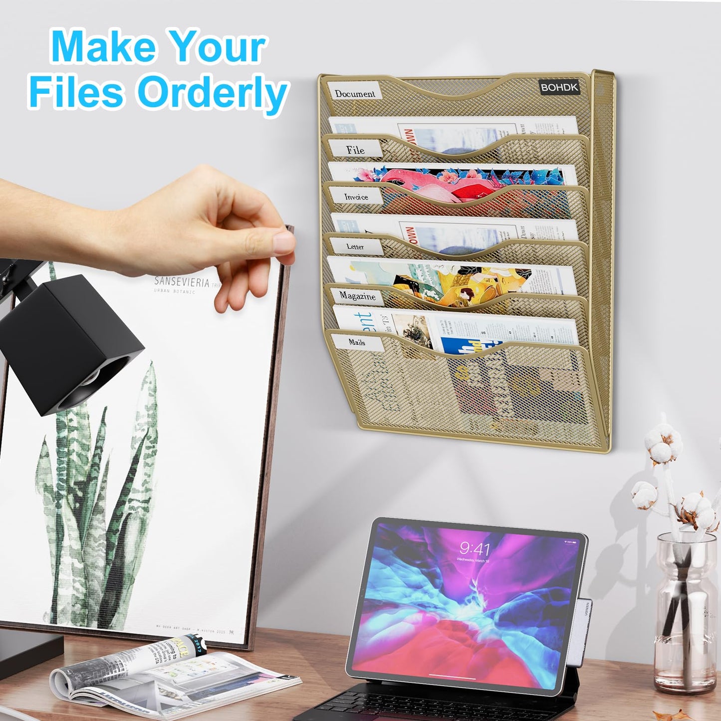 BOHDK Wall File Organizer, Hanging File Folder Mail Organizer, Vertical Mesh Metal Door/Wall Mount