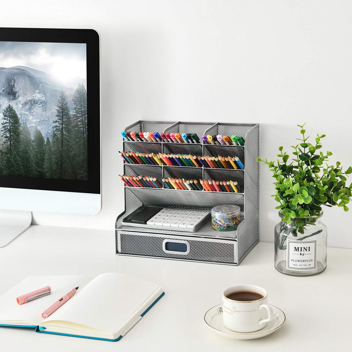 Marbrasse Larger Mesh Desk Organizer with Drawer, Multi-Functional Pen Pencil Holder, Desk