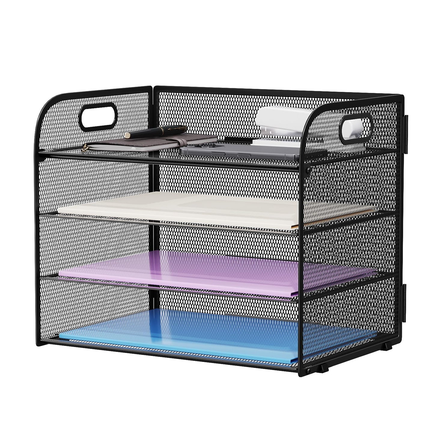 Marbrasse 4 Tier Paper Organizer Letter Tray - Mesh Desk File Organizer with Handle, Paper Sorter