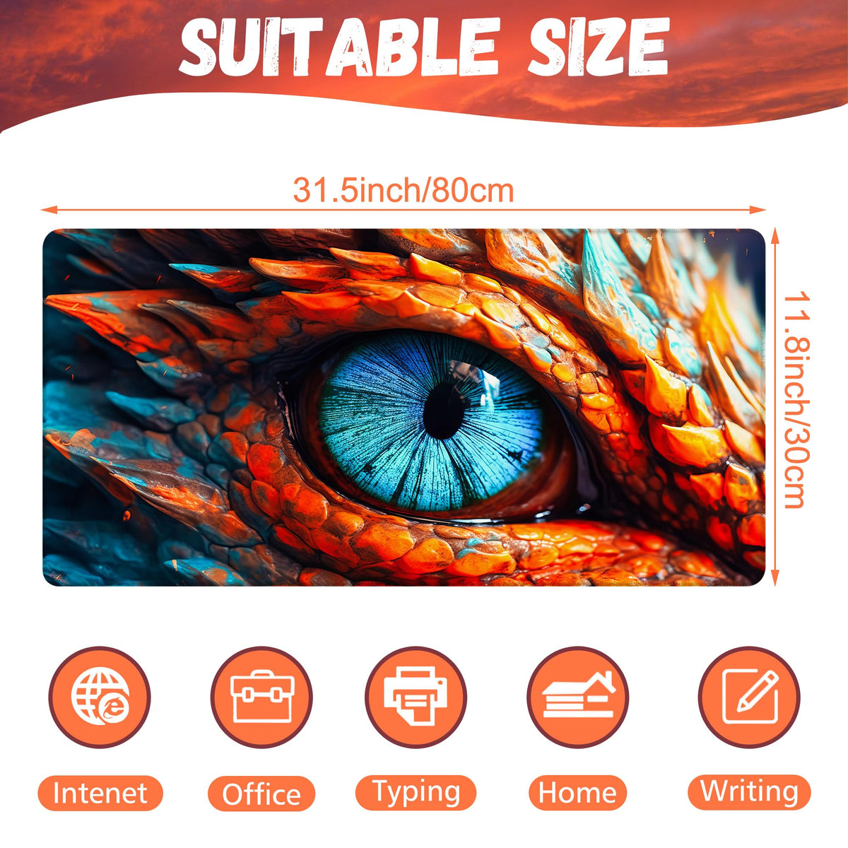 KOAIWPAE Large Gaming Mouse Pad for Desk, Dragon Blue Eyes Desk Mat, Dragon Eyes Desk Pad