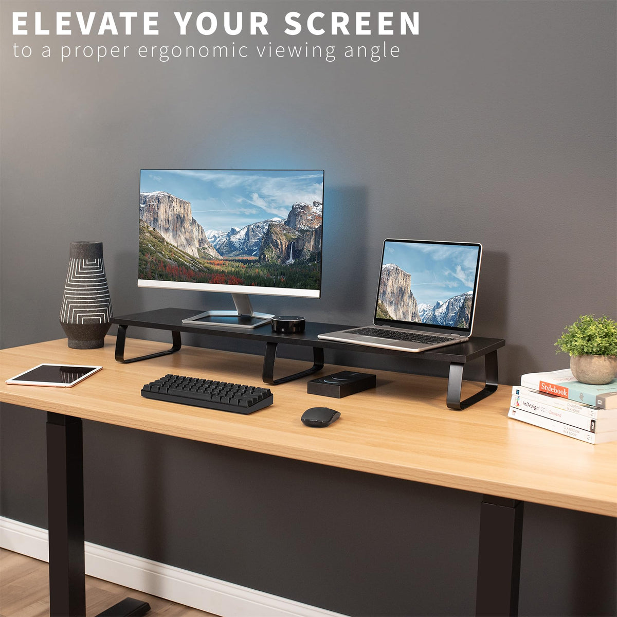 VIVO 39 inch Extra Long Monitor Stand, Wood & Steel Desktop Riser, Dual Screen, TV, Keyboard