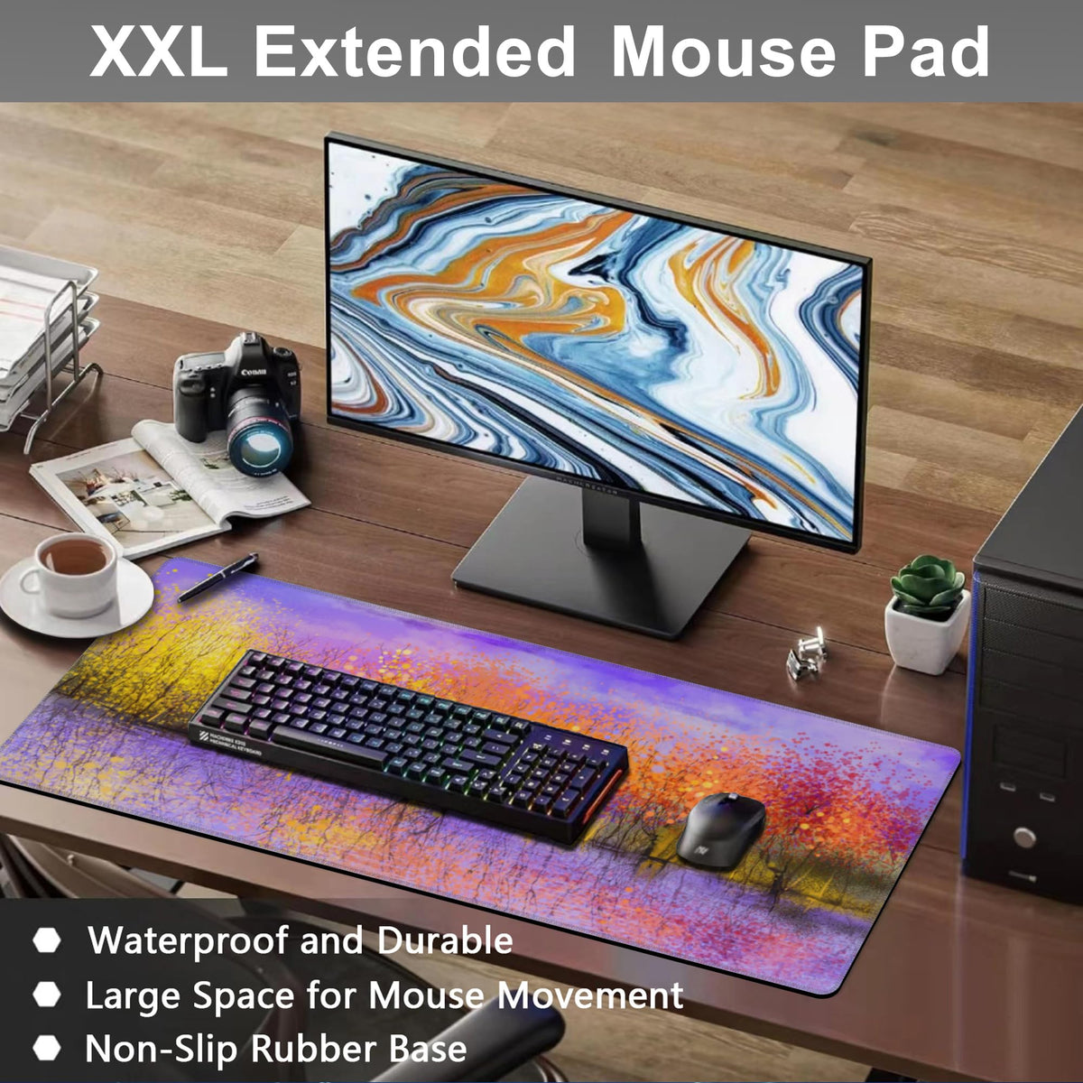 Mouse Pad, Large Colorful Autumn Trees Desk Mat, Extended Non-Slip Gaming Keyboard Mousepad Desk